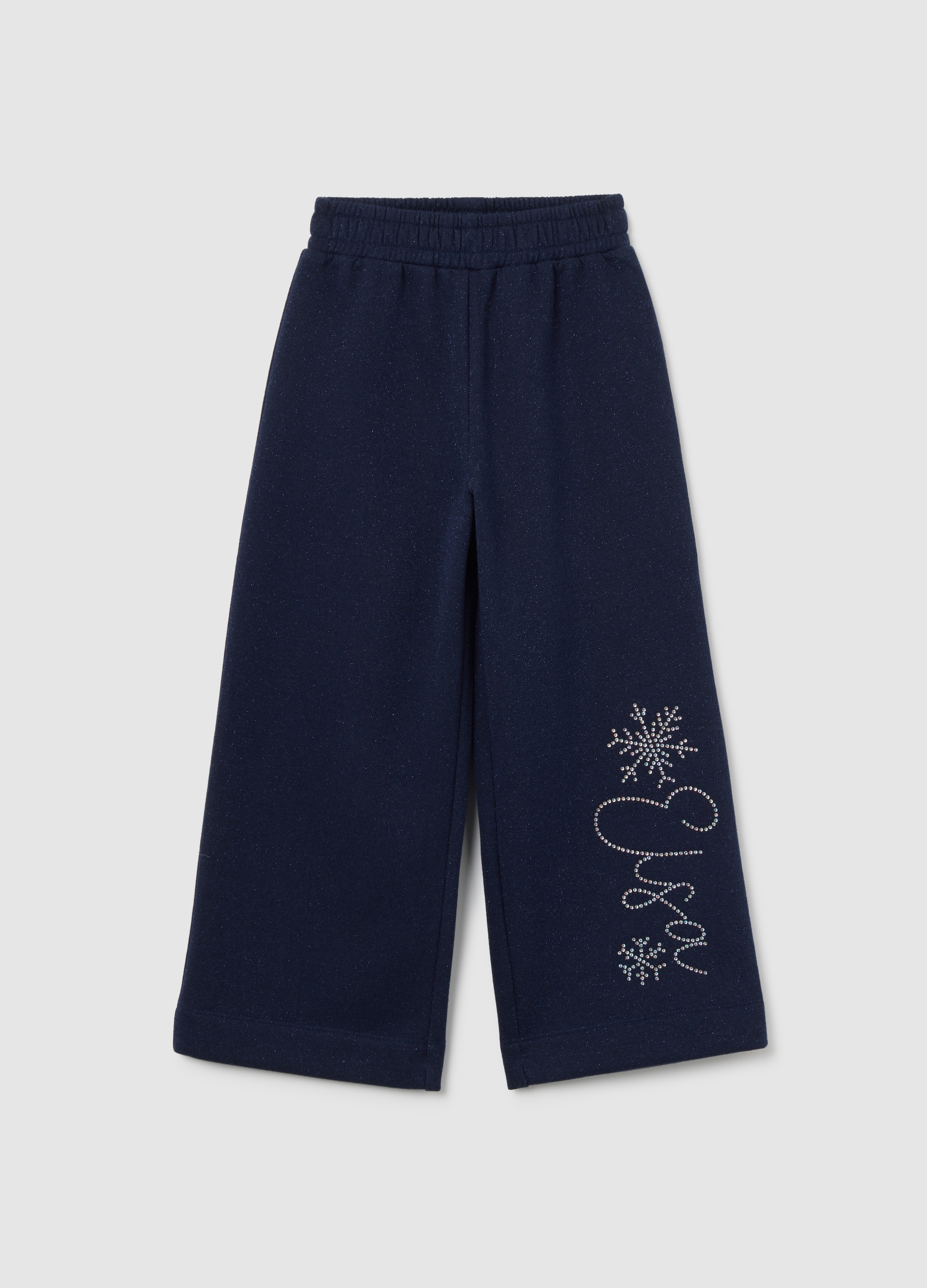 DISNEY, Pantaloni Jogger Blu Da Bambina In Misto Cotone Wide Leg Con Strass, Blu, Taglia: 3-4