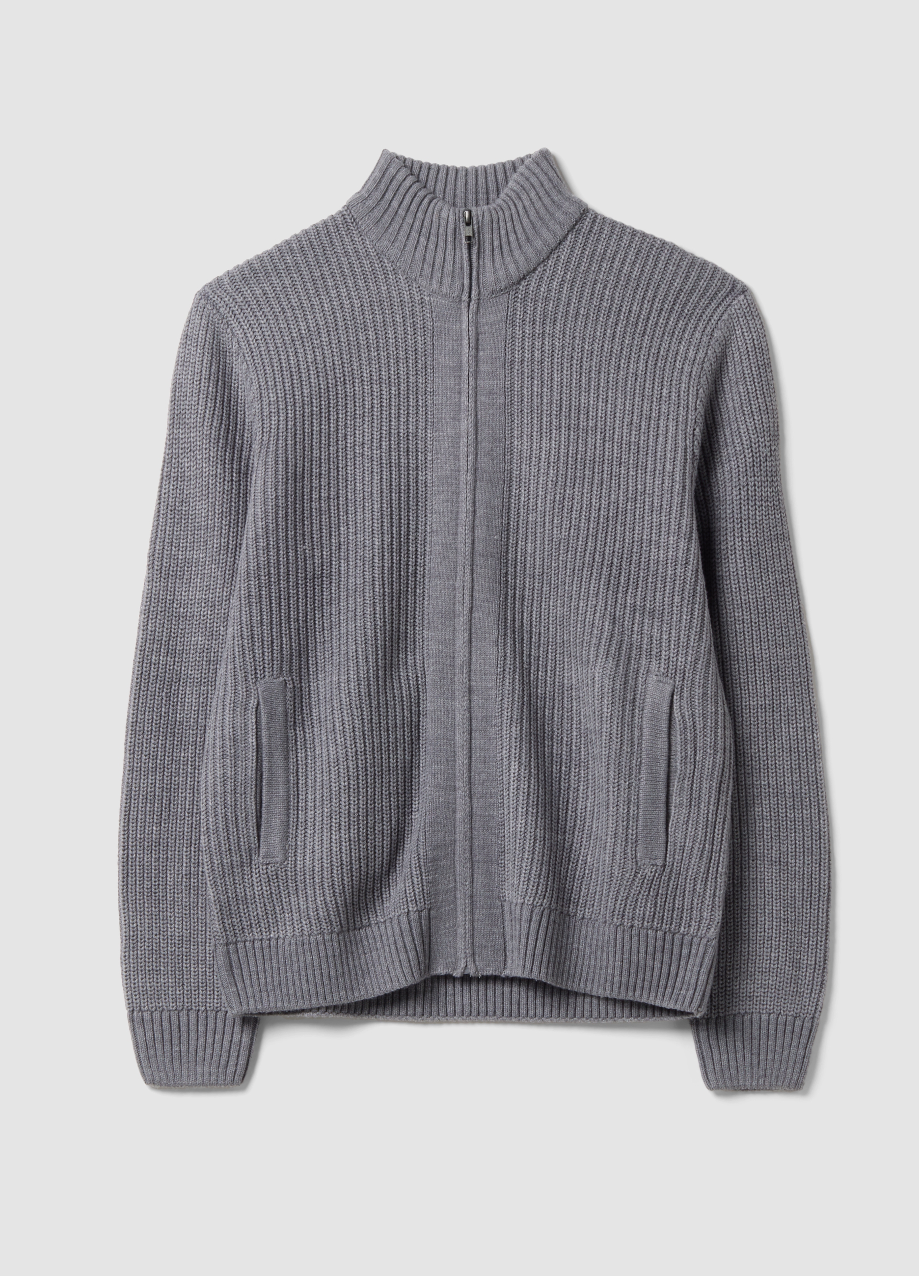 OVS, Cardigan Grigio In Maglia A Coste Con Colletto E Zip Regular Fit, Uomo, Grigio, Taglia: M
