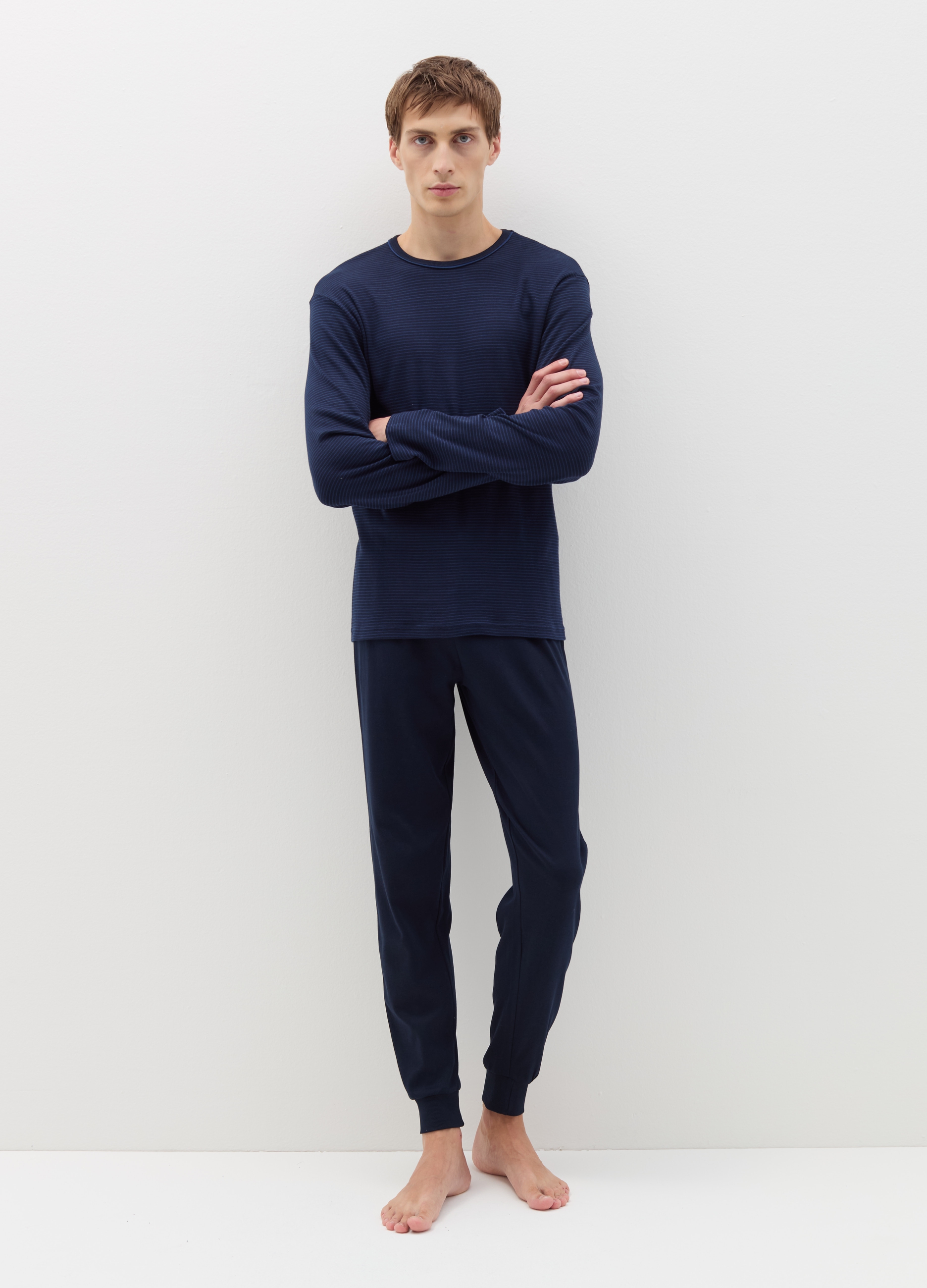 Pijama Largo Con Parte De Arriba De Rayas, Hombre, Azul Noche, Talla: S