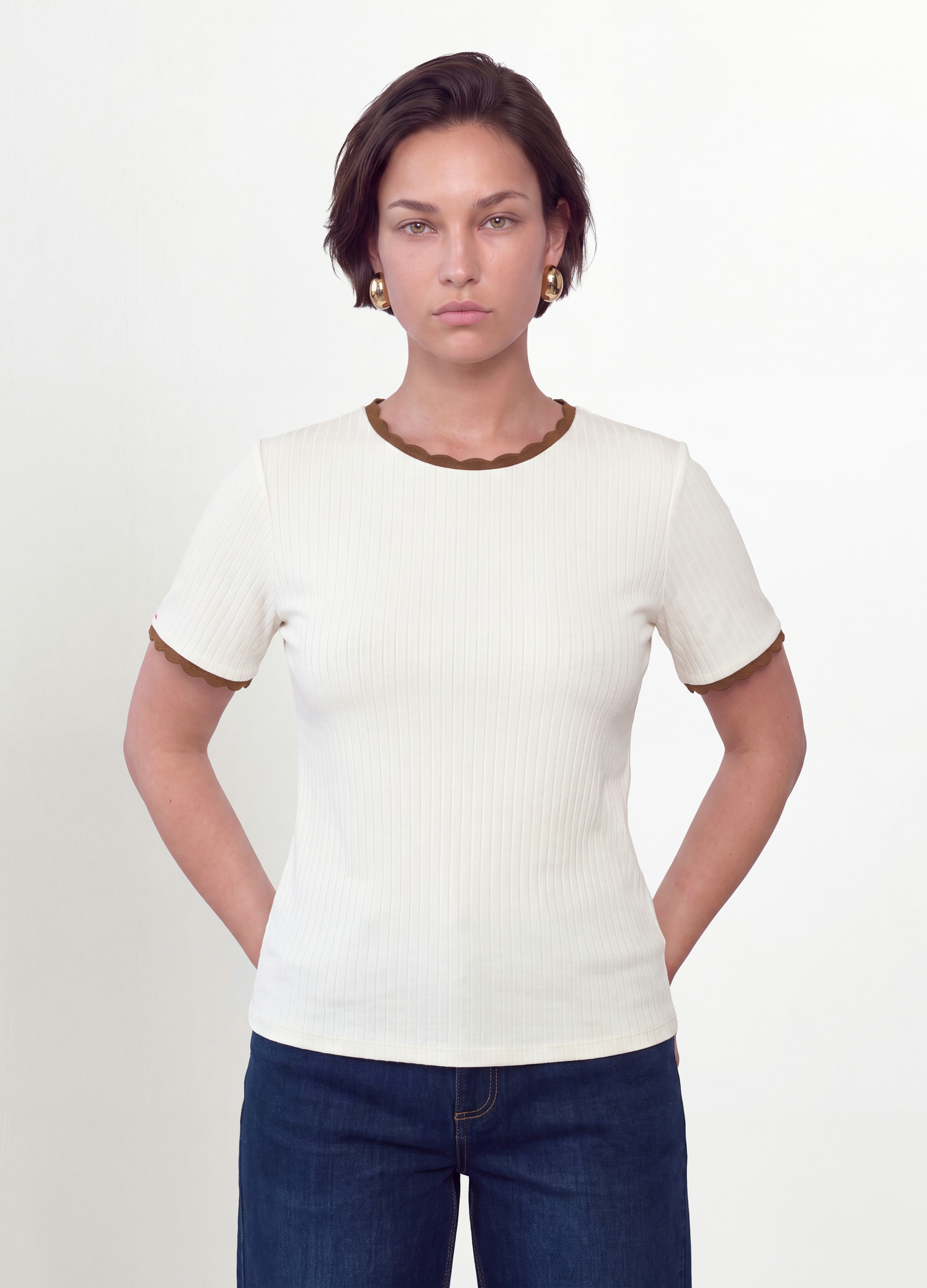 MYA, T-shirt Bianca In Viscosa Elasticizzata A Girocollo Con Profili A Contrasto, Donna, Bianco, Taglia: S