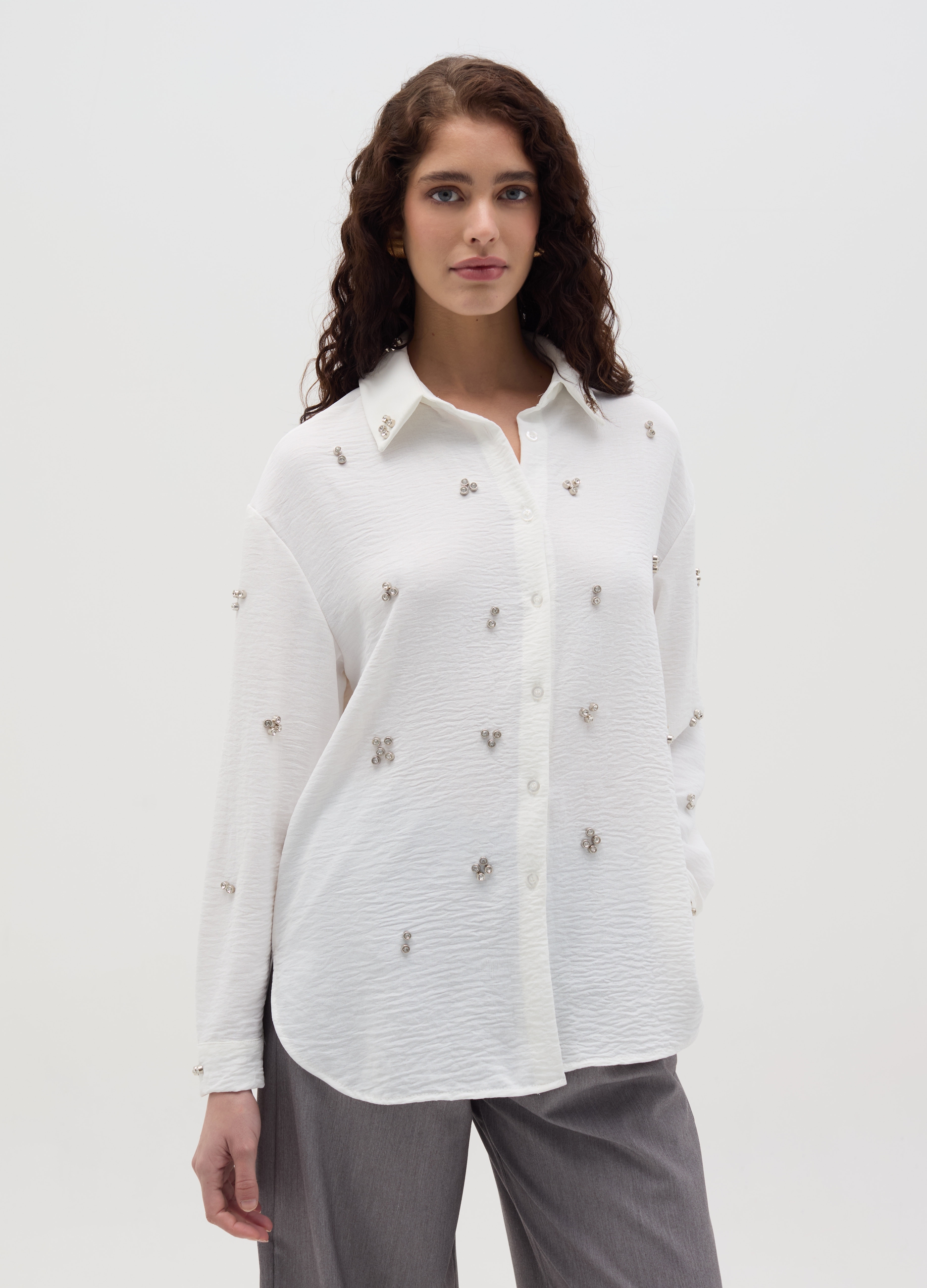 HYBRID, Camicia Con Applicazioni In Strass, Donna, Bianco, Taglia: S