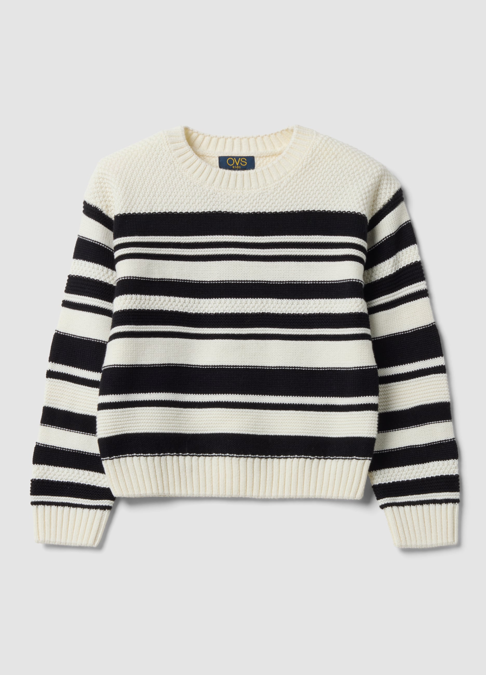 OVS KIDS, Maglia Bianca In Misto Cotone A Righe Con Girocollo Per Bambina, Bianco, Taglia: 4-5