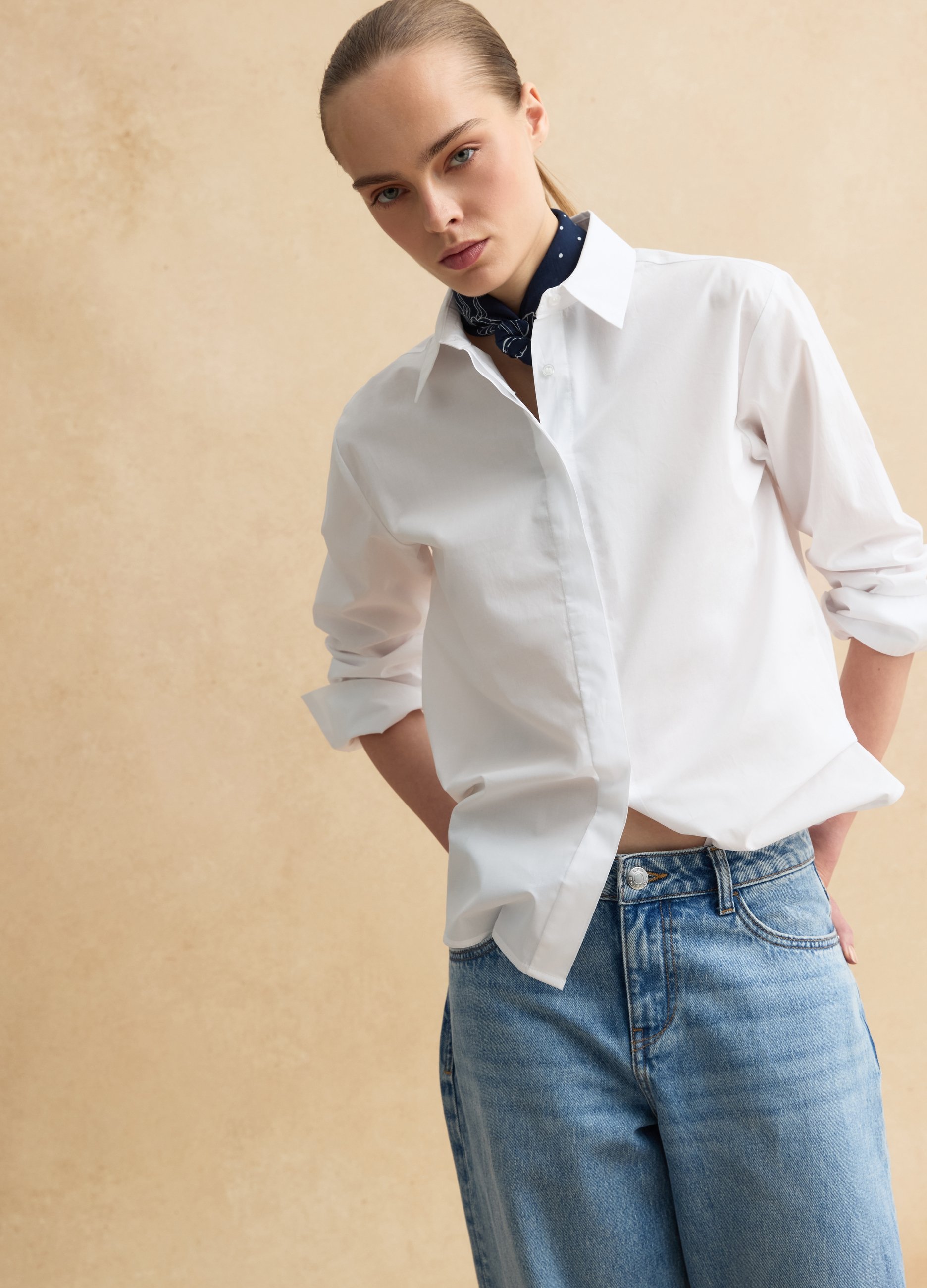 LES COPAINS, Camisa Blanca De Algodón Puro Corte Regular Con Cuello Clásico Y Botones, Mujer, Blanco óptico, Talla: 38