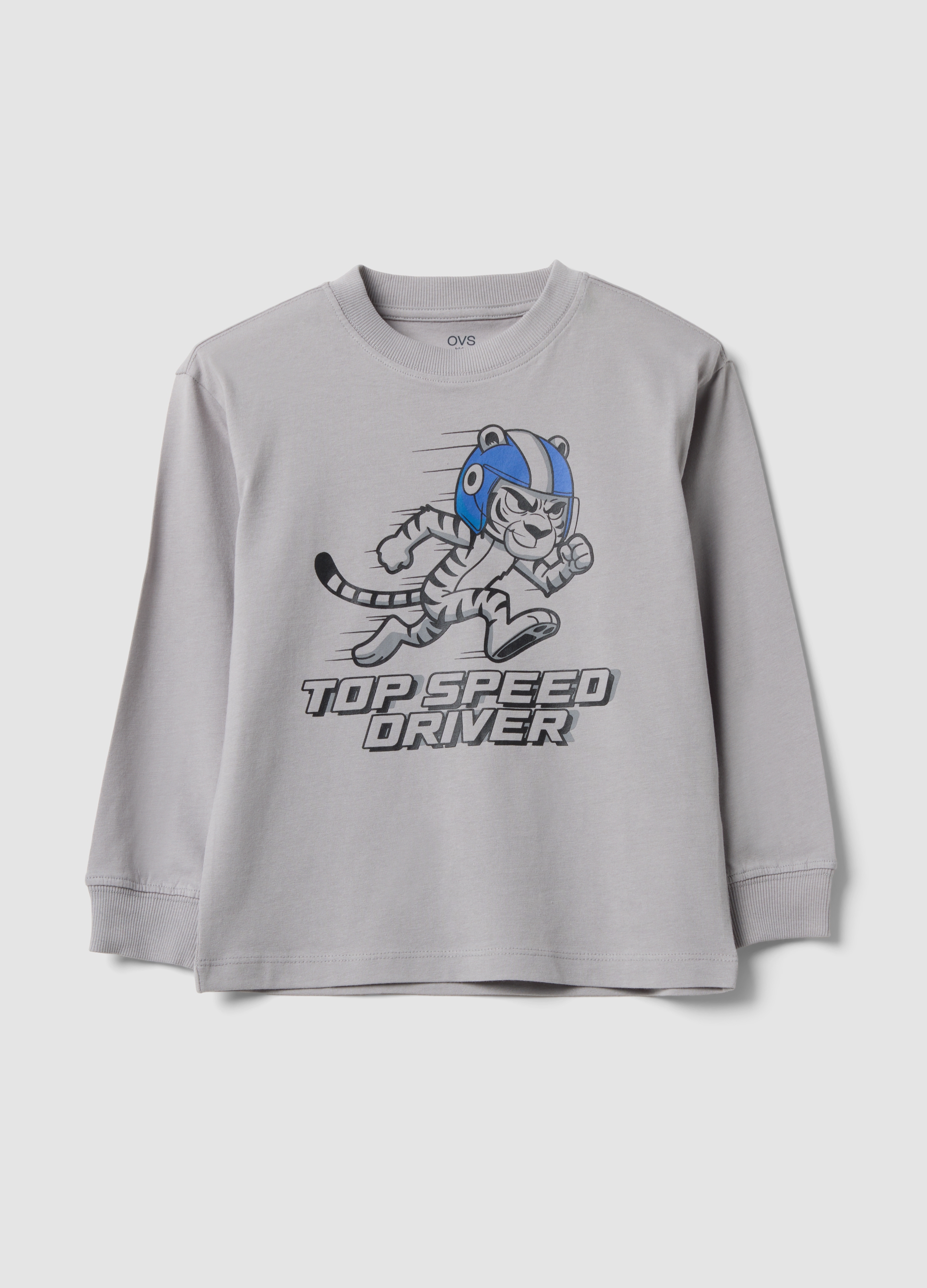 OVS KIDS, T-shirt Grigia In Puro Cotone Con Girocollo E Stampa Top Speed Driver, Bambino, Grigio, Taglia: 3-4