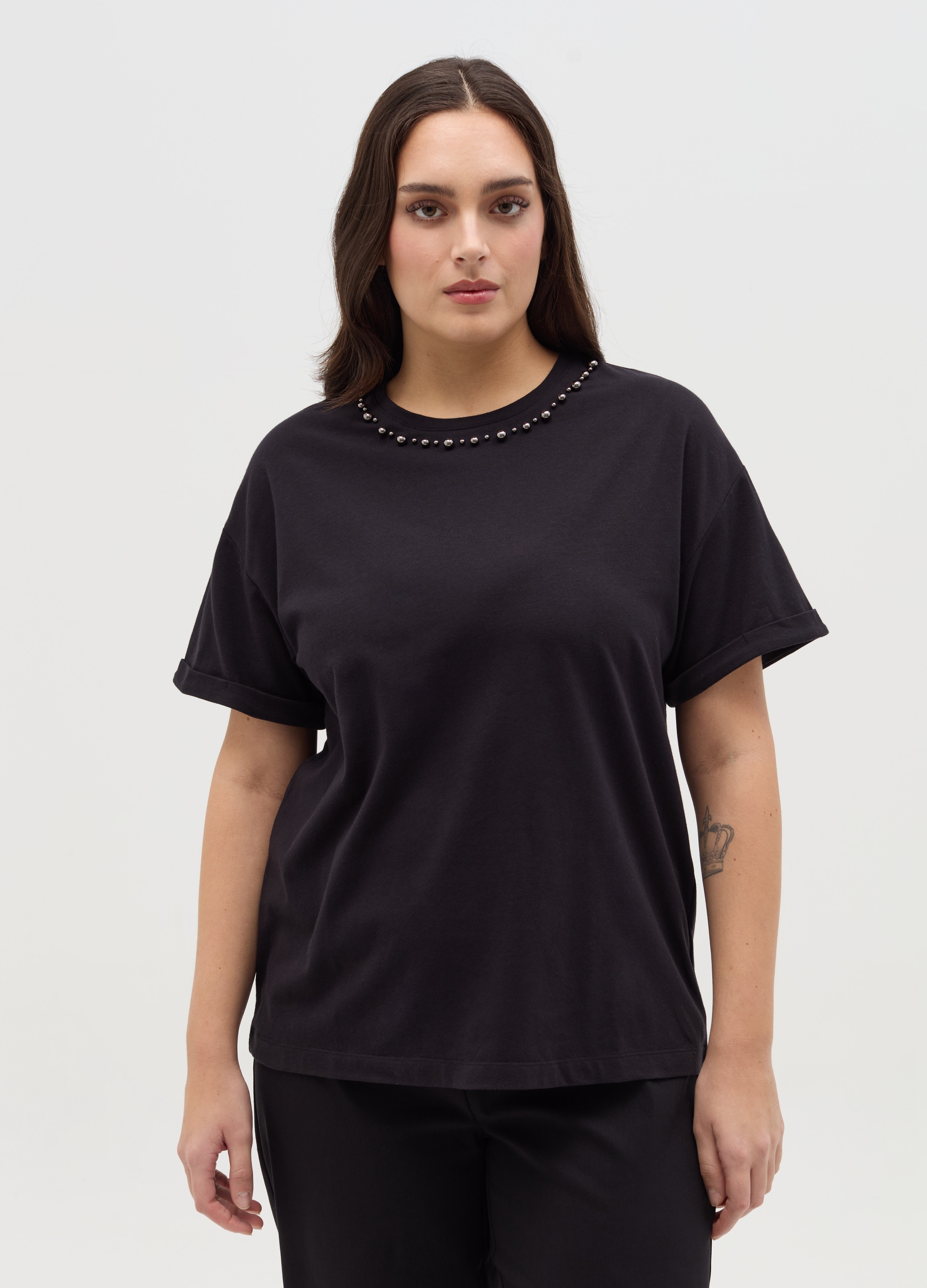 MYA, T-shirt Oversize Con Applicazioni Curvy, Donna, Nero, Taglia: XXL