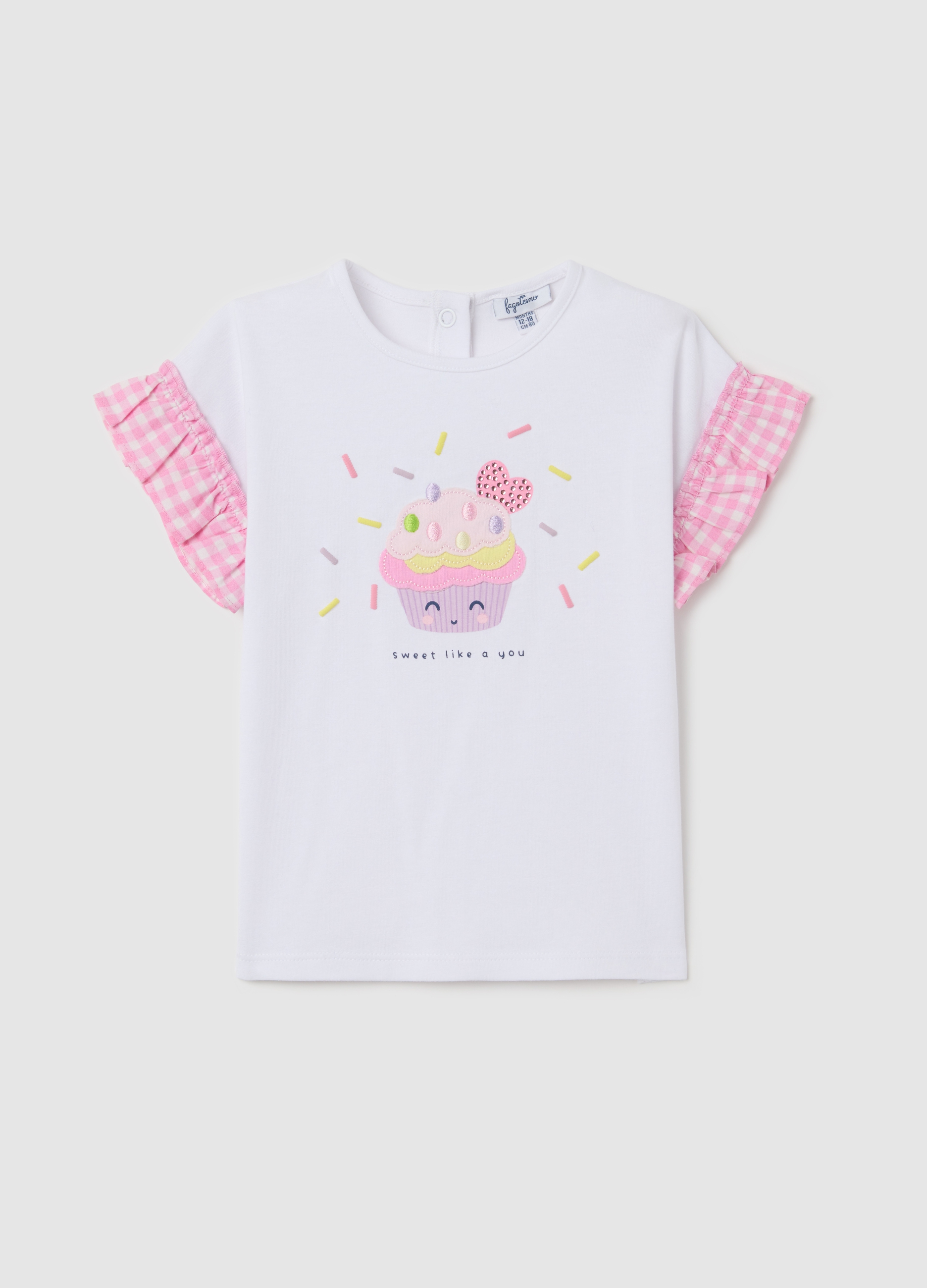 FAGOTTINO, Camiseta Blanca Con Volantes Y Aplicación Cupcake, Niña, Blanco óptico, Talla: 24-30