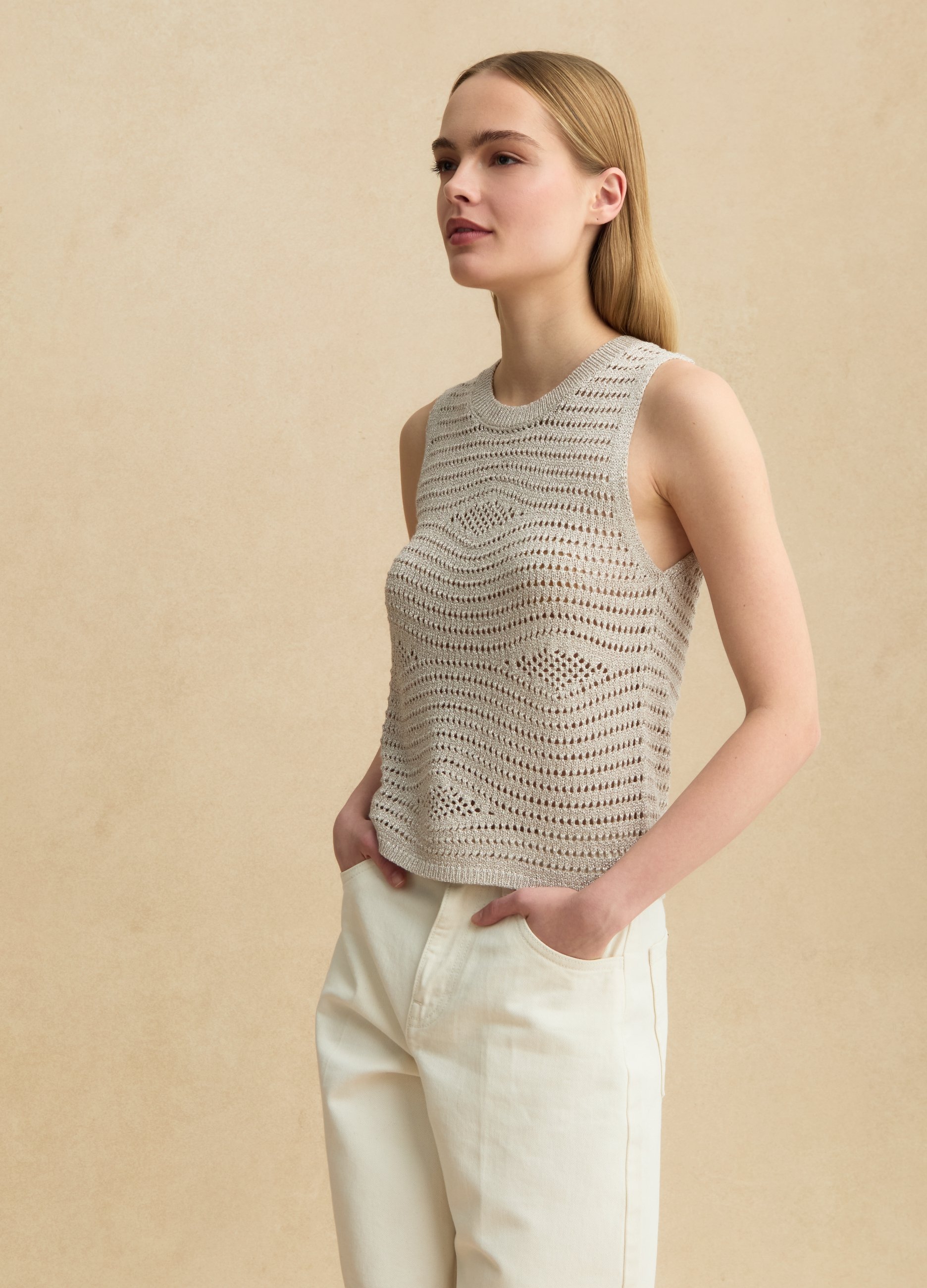 LES COPAINS, Camiseta De Tirantes Beige De Mezcla De Viscosa Calada, Mujer, Beige, Talla: 38