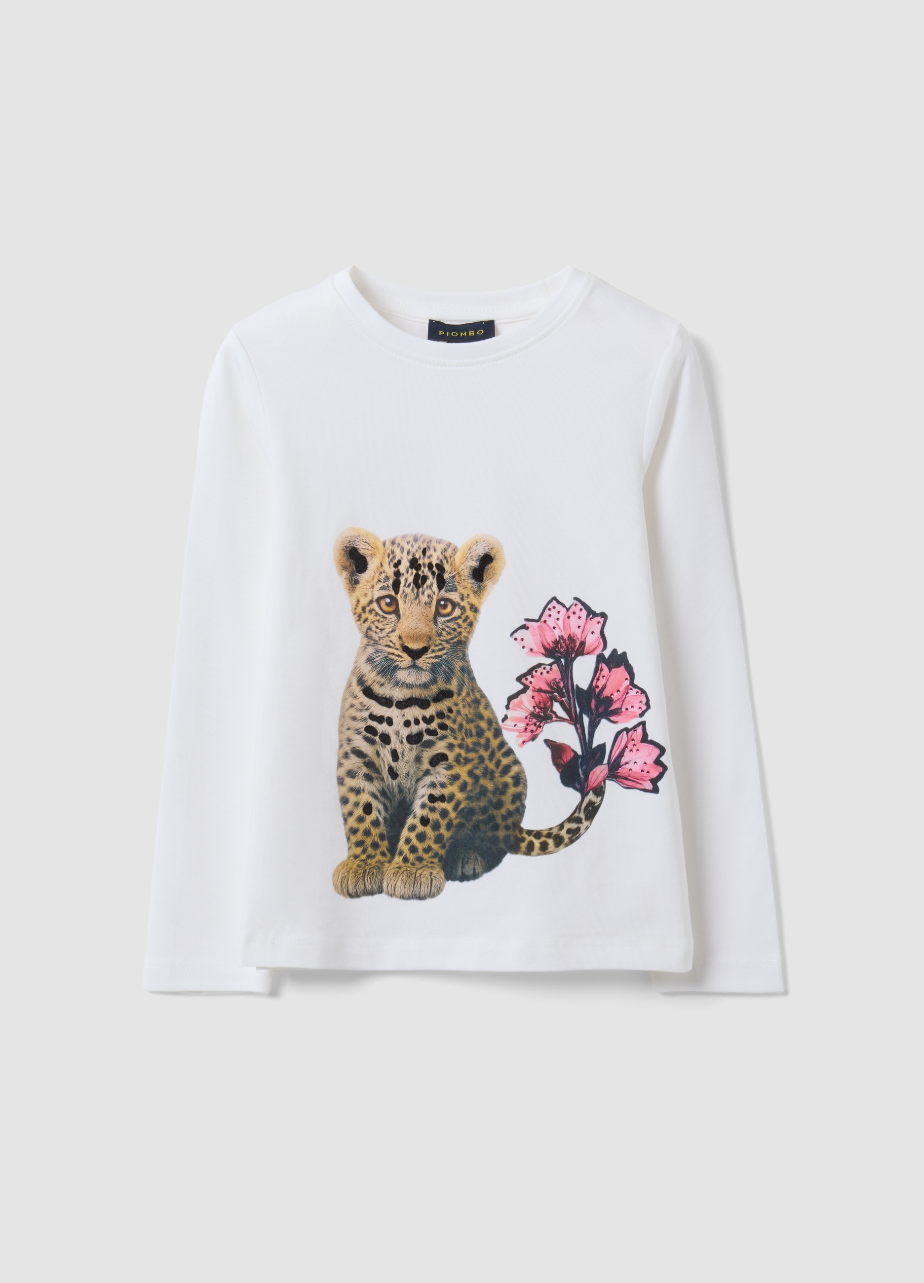 PIOMBO KIDS, T-shirt Bianca In Cotone Elasticizzato Con Stampa Leopardo Per Bambina, Bianco, Taglia: 8