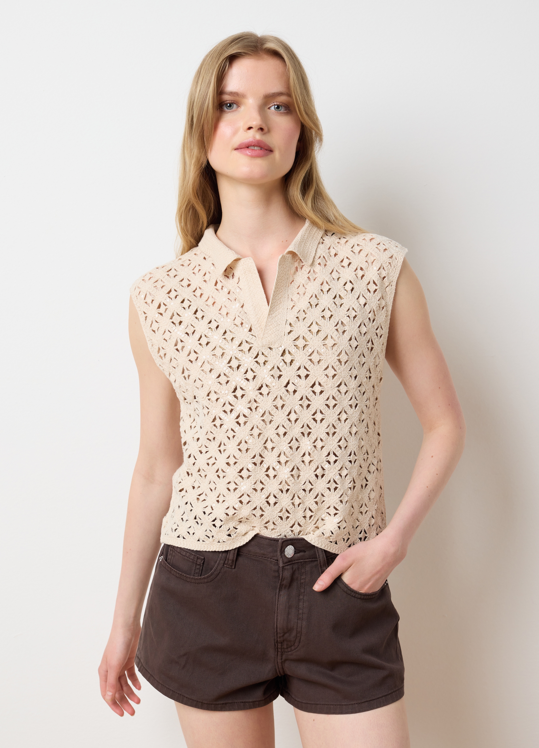 OVS, Top Da Donna In Misto Cotone Beige Fitted Con Paillettes, Beige, Taglia: S