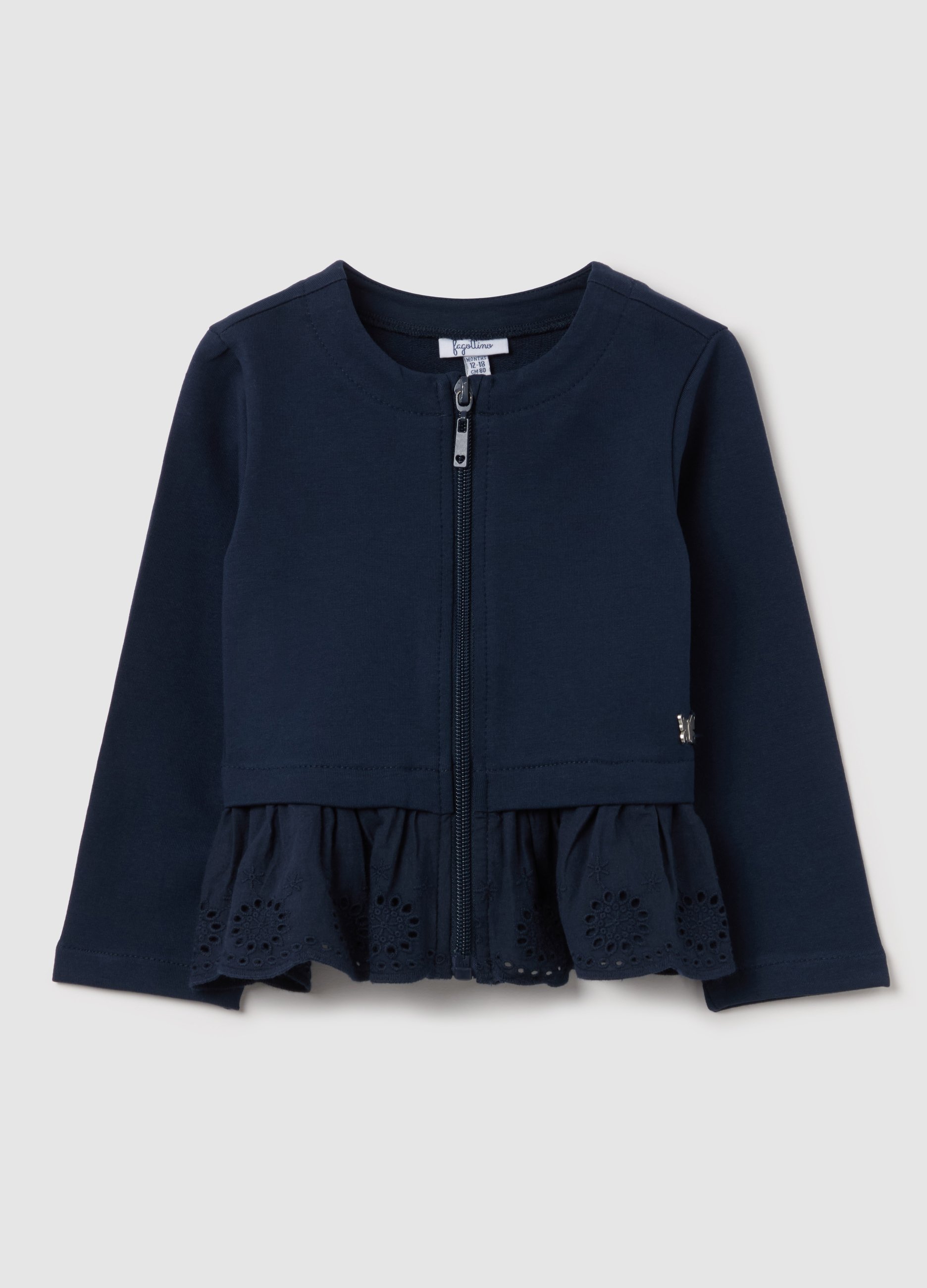 FAGOTTINO, Full-zip In French Terry Con Applicazione Sangallo, Bambina, Blu, Taglia: 9-12