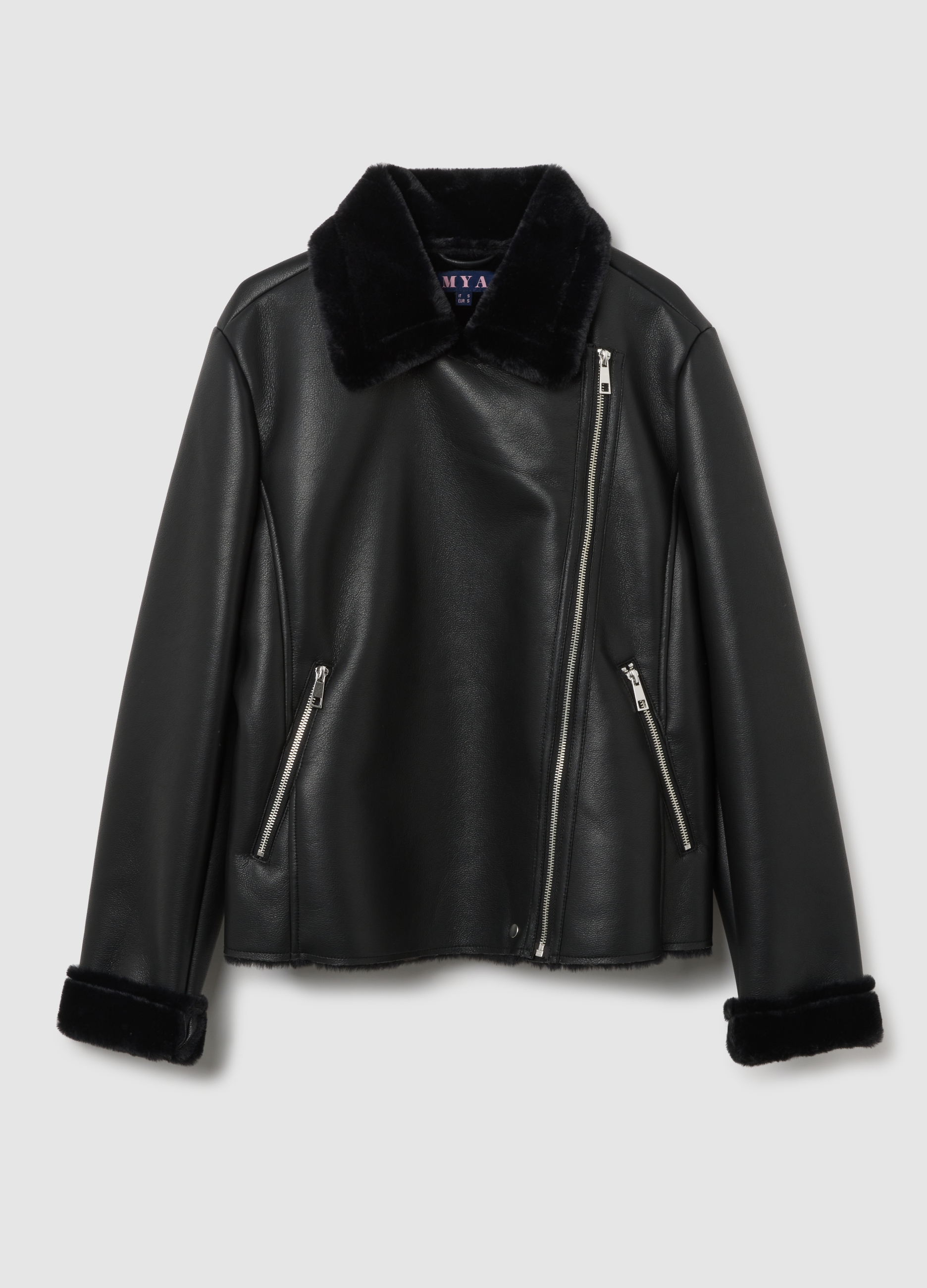 Chaqueta Negra De Cuero Sintético Con Cuello De Piel, Mujer, Negro/Gris, Talla: L