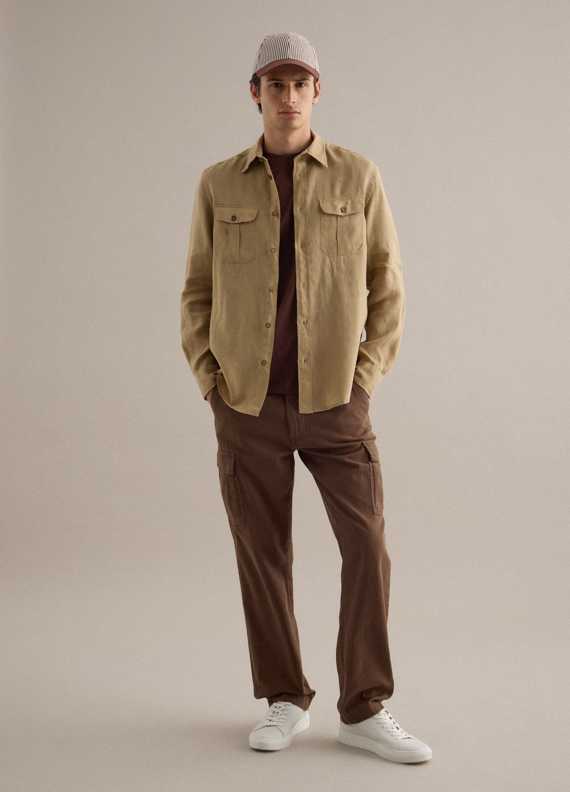 PIOMBO, Camisa Beige De Pura Lino De Manga Larga Ajuste Regular, Hombre, Beige Oscuro, Talla: L