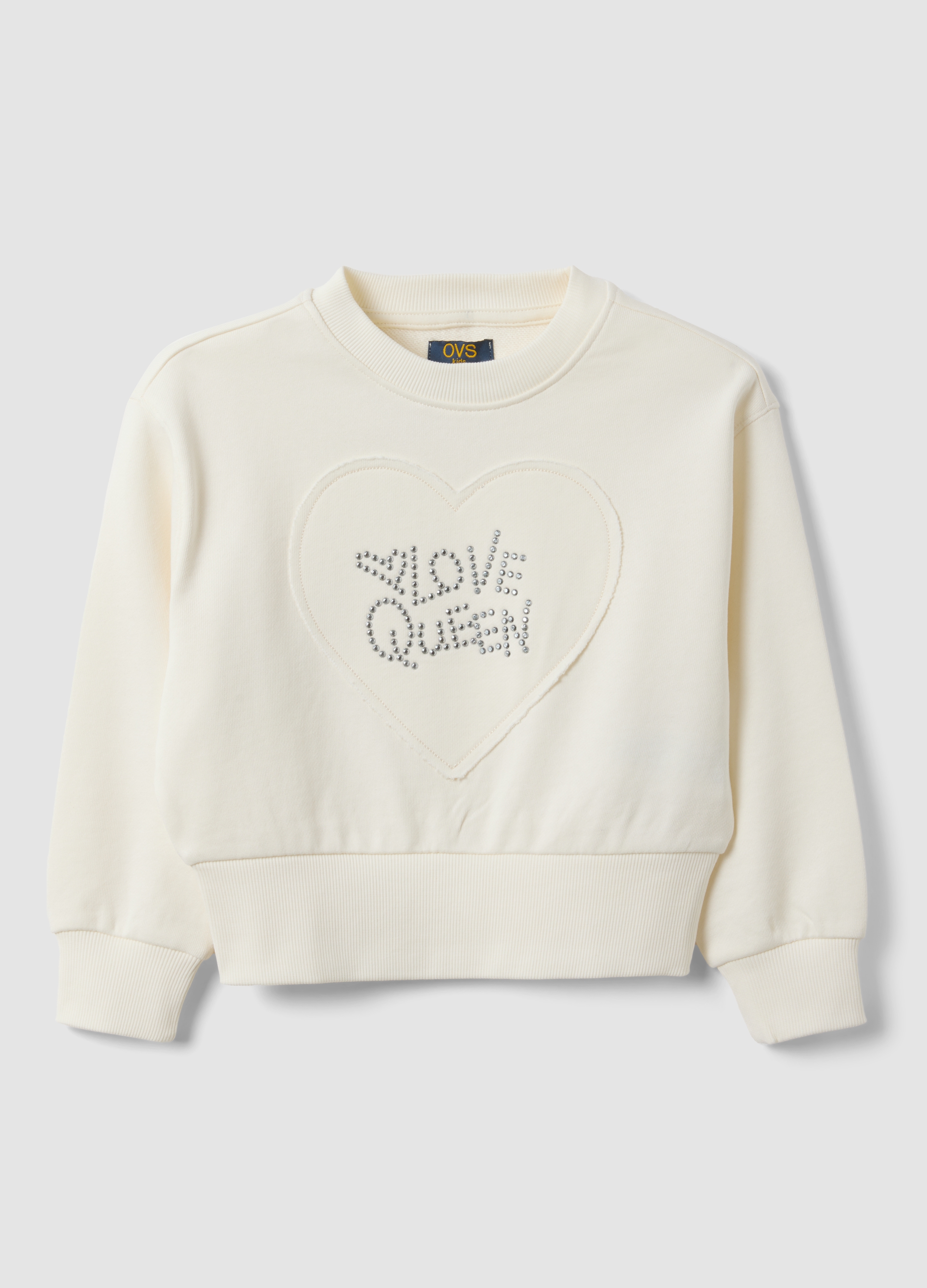 OVS KIDS, Felpa Bianca In Puro Cotone Con Scritta In Strass E Cuore Ricamato Per Bambina, Bianco, Taglia: 8-9