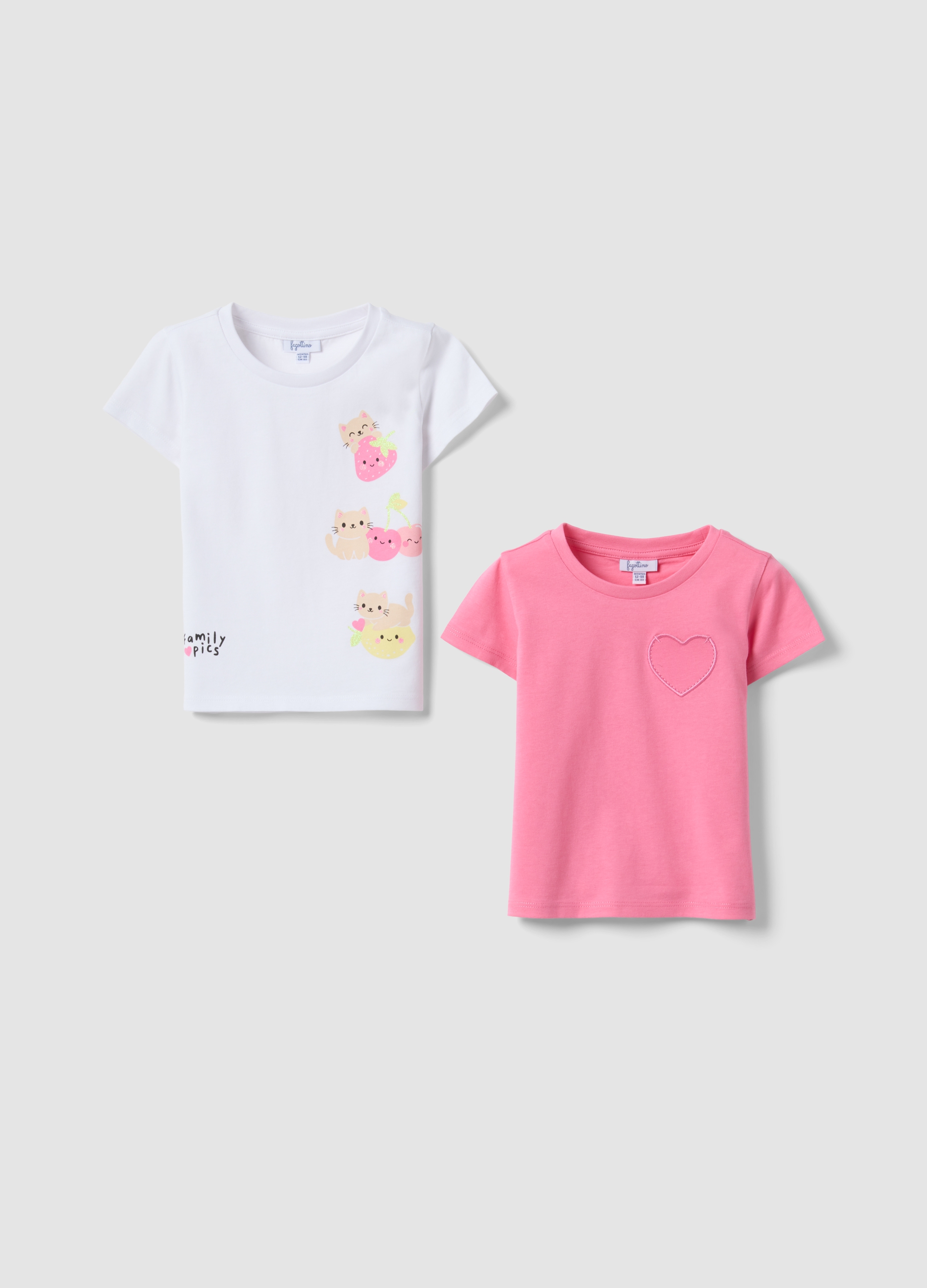 FAGOTTINO, Pack De 2 Camisetas Multicolor De Algodón Puro Para Bebé Niña, Niña, Blanco/rosa, Talla: 18-24
