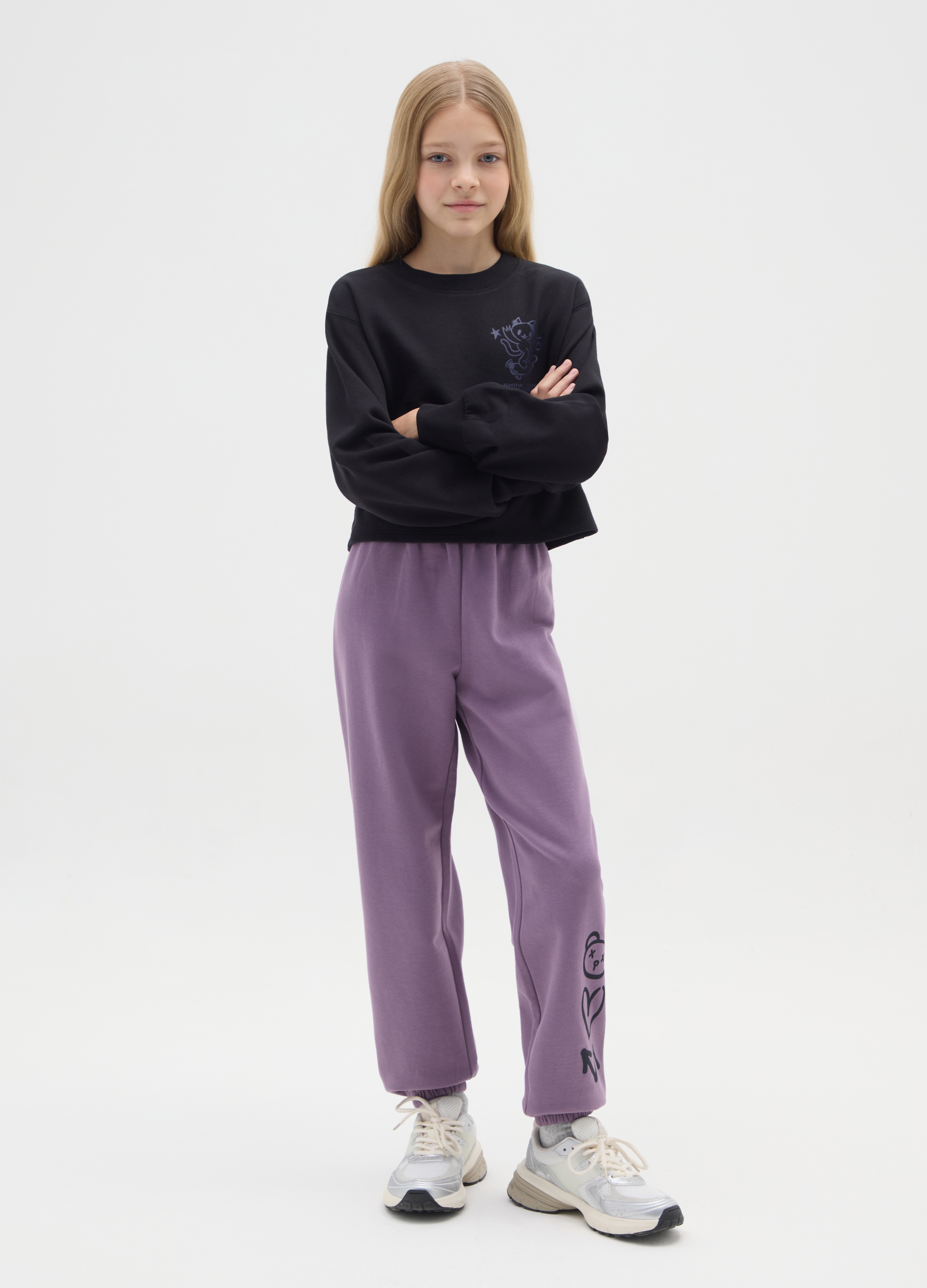 OVS KIDS, Pantalones Jogger Morados Para Niñas En Algodón Puro Con Estampado, Niña, Morado oscuro, Talla: 12-13