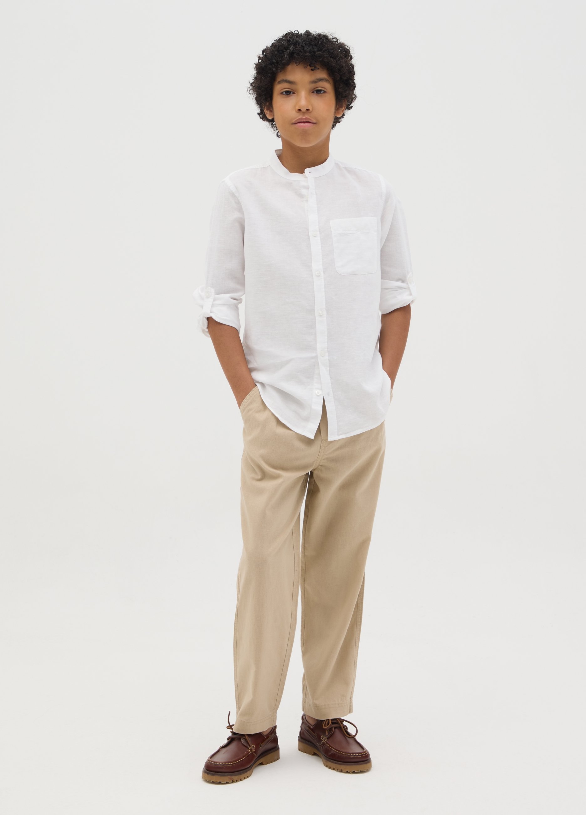 Pantalones Beige De Lino Para Niño Corte Regular Con Cintura Elástica, Niño, Beige, Talla: 14-15