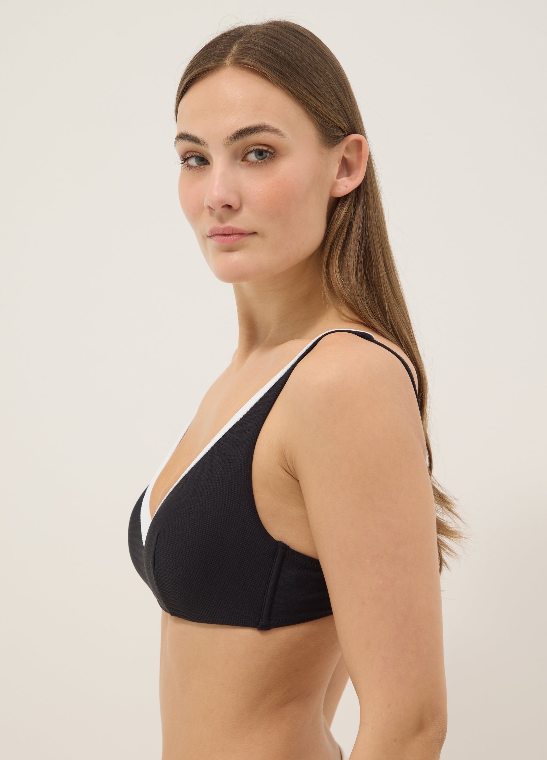 OVS, Top Bikini In Tessuto Elasticizzato Nero E Bianco Con Scollo A V, Donna, Multicolor, Taglia: 6