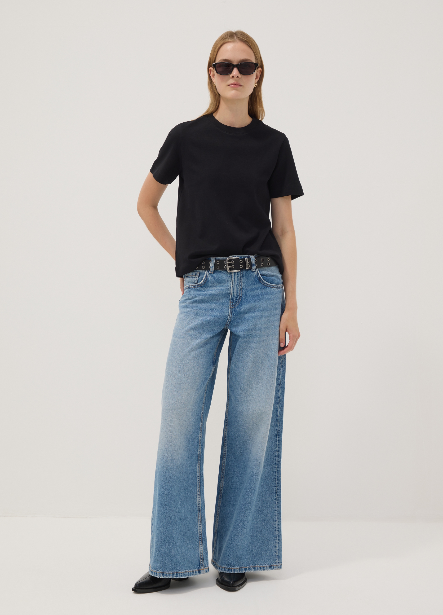REPUBLIC OF DENIM, Jeans Azzurri Wide Leg In Puro Cotone A Vita Bassa, Donna, Azzurro, Taglia: 48