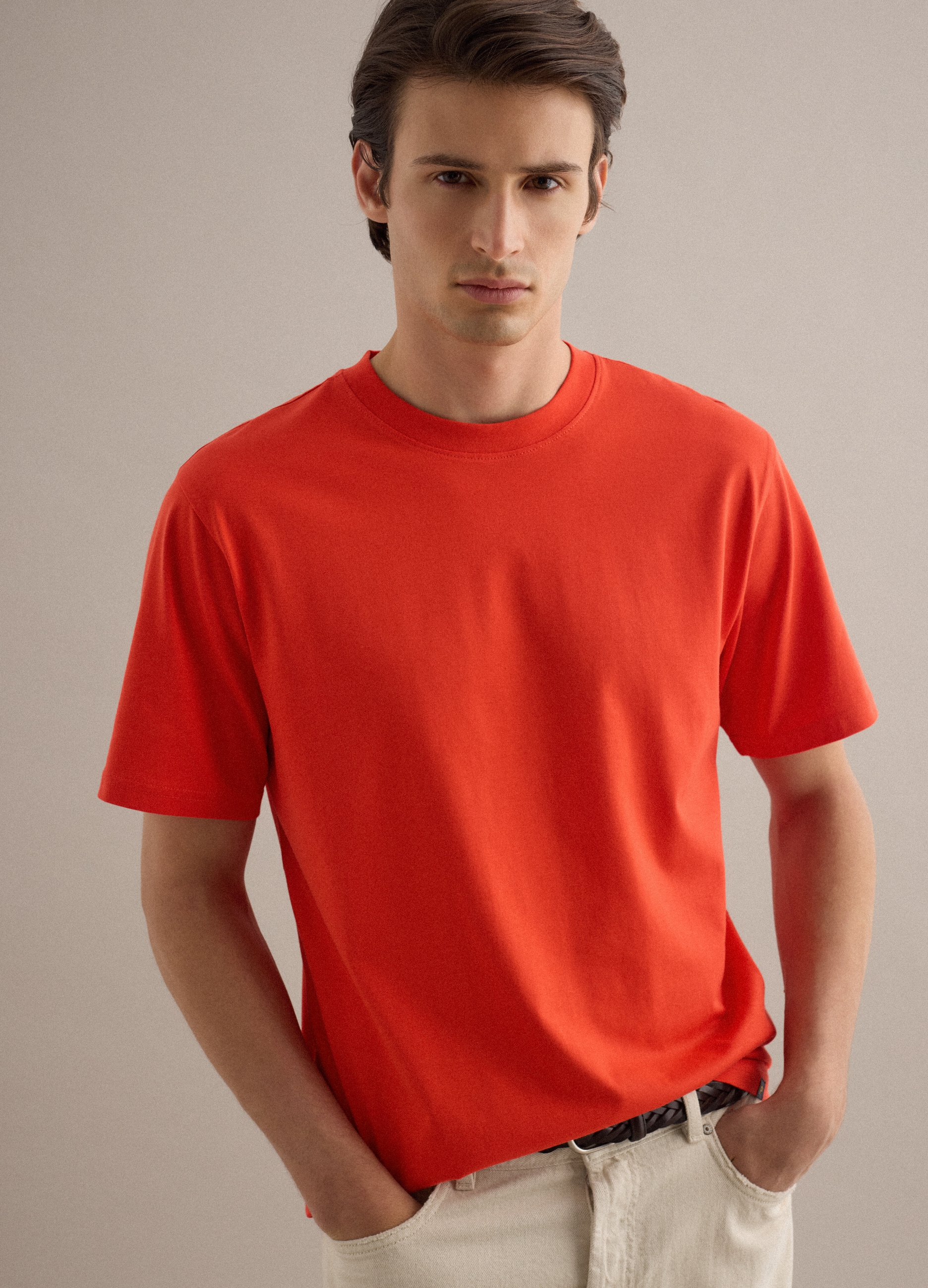 PIOMBO, Camiseta De Cuello Redondo En Algodón Puro Naranja Ajuste Relajado, Hombre, Naranja Mandarina, Talla: M