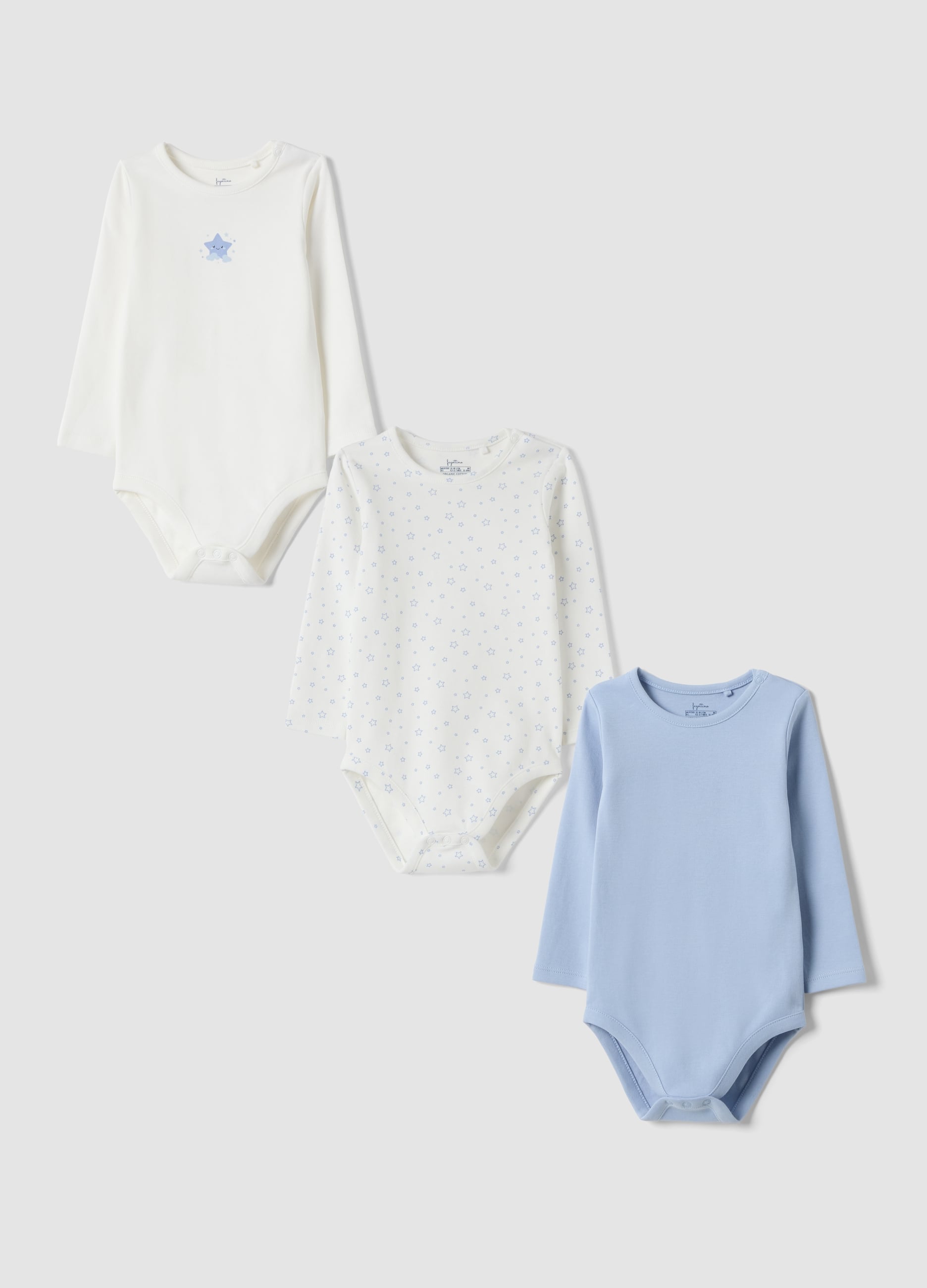 FAGOTTINO, Tripack Body Azzurri E Bianchi In Puro Cotone Organico Con Girocollo, Bambino, Bianco, Taglia: 9-12