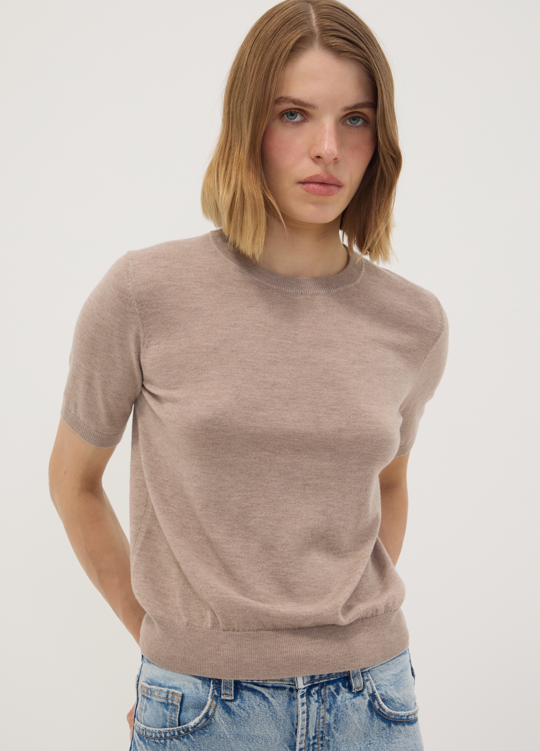 OVS, Maglia Beige In Misto Lana A Maniche Corte Girocollo Regular Fit, Donna, Beige, Taglia: XL