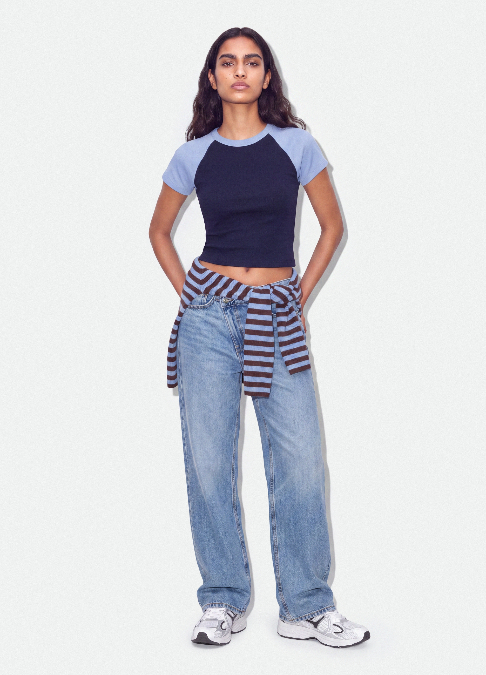 B.ANGEL, T-shirt Blu In Cotone Elasticizzato A Girocollo Con Maniche A Contrasto, Donna, Blu, Taglia: S