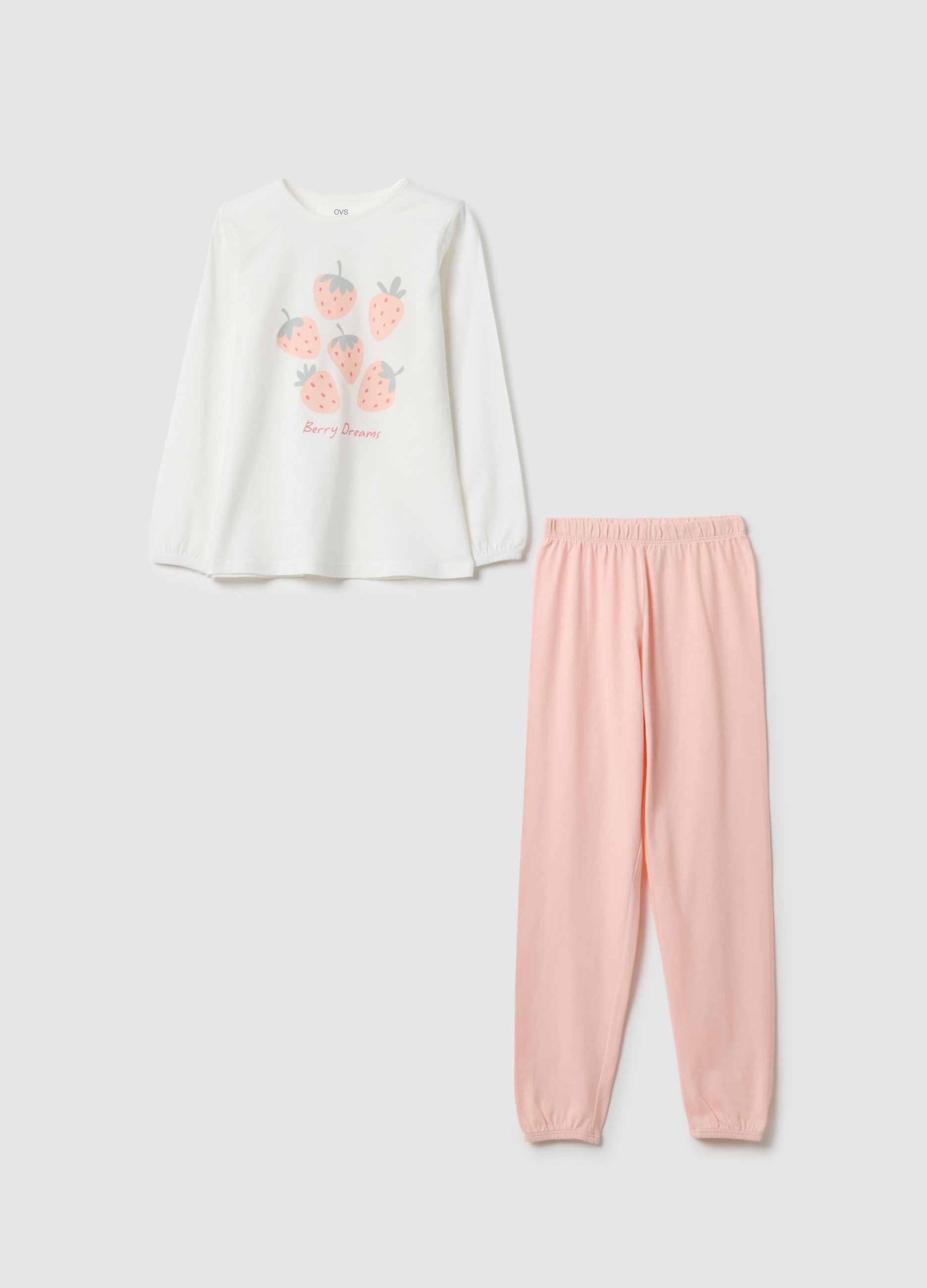 OVS KIDS, Pijamas Multicolor En Puro Algodón Para Niñas Con Ajuste Regular Y Fresas, Niña, Blanco/rosa, Talla: 3-4