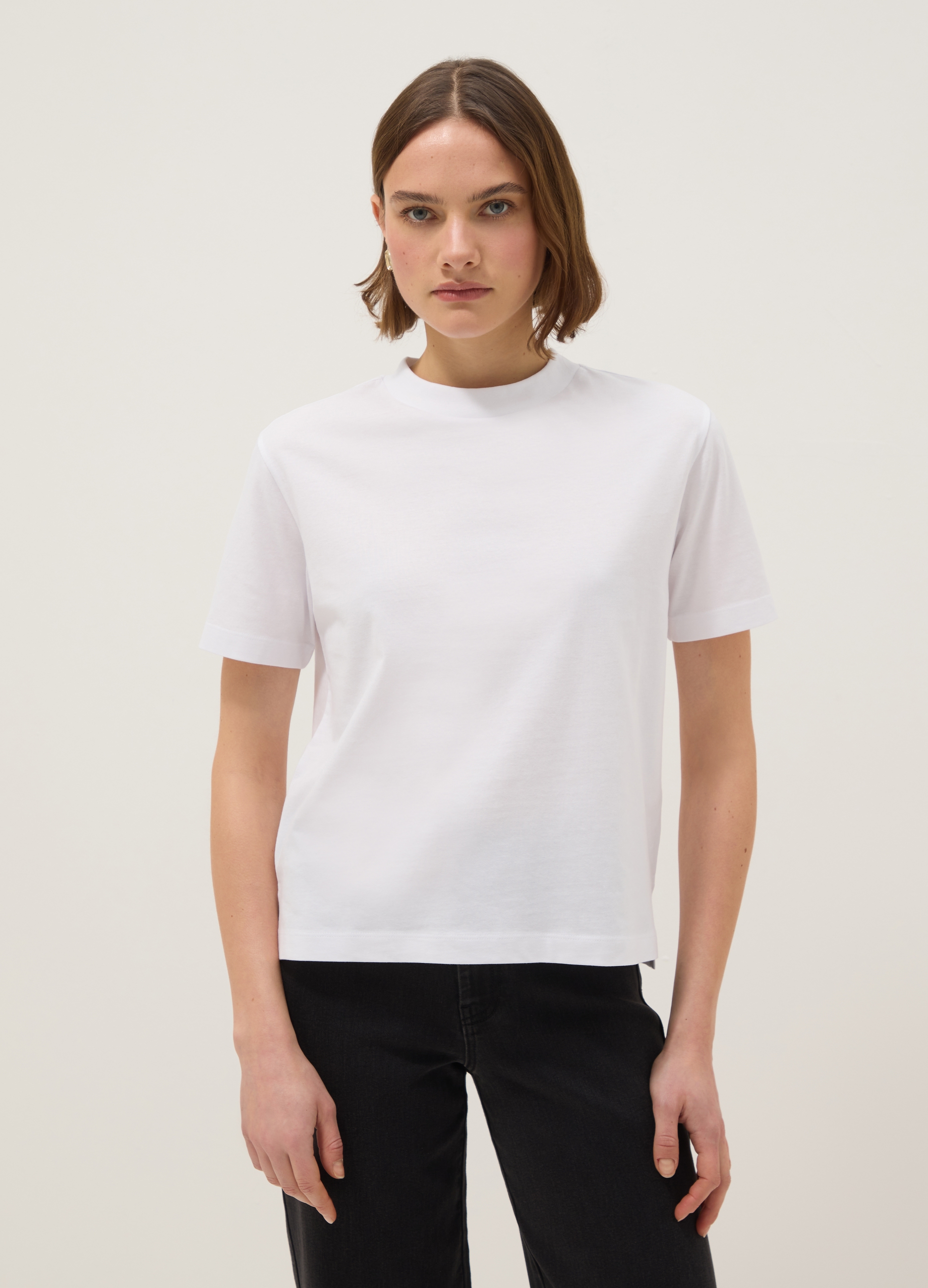 Camiseta Blanca De Cuello Redondo De Algodón Puro Corte Regular, Mujer, Blanco óptico, Talla: 42