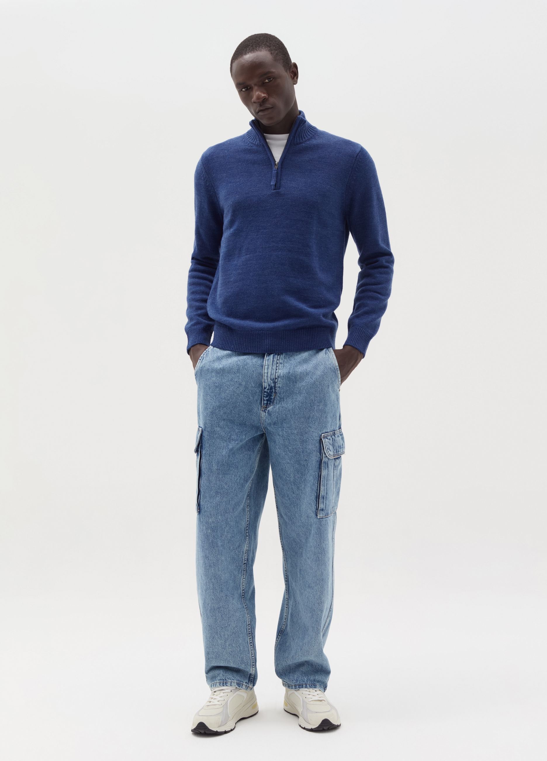 Jersey Con Cuello Media Cremallera, Hombre, Azul vaquero, Talla: L