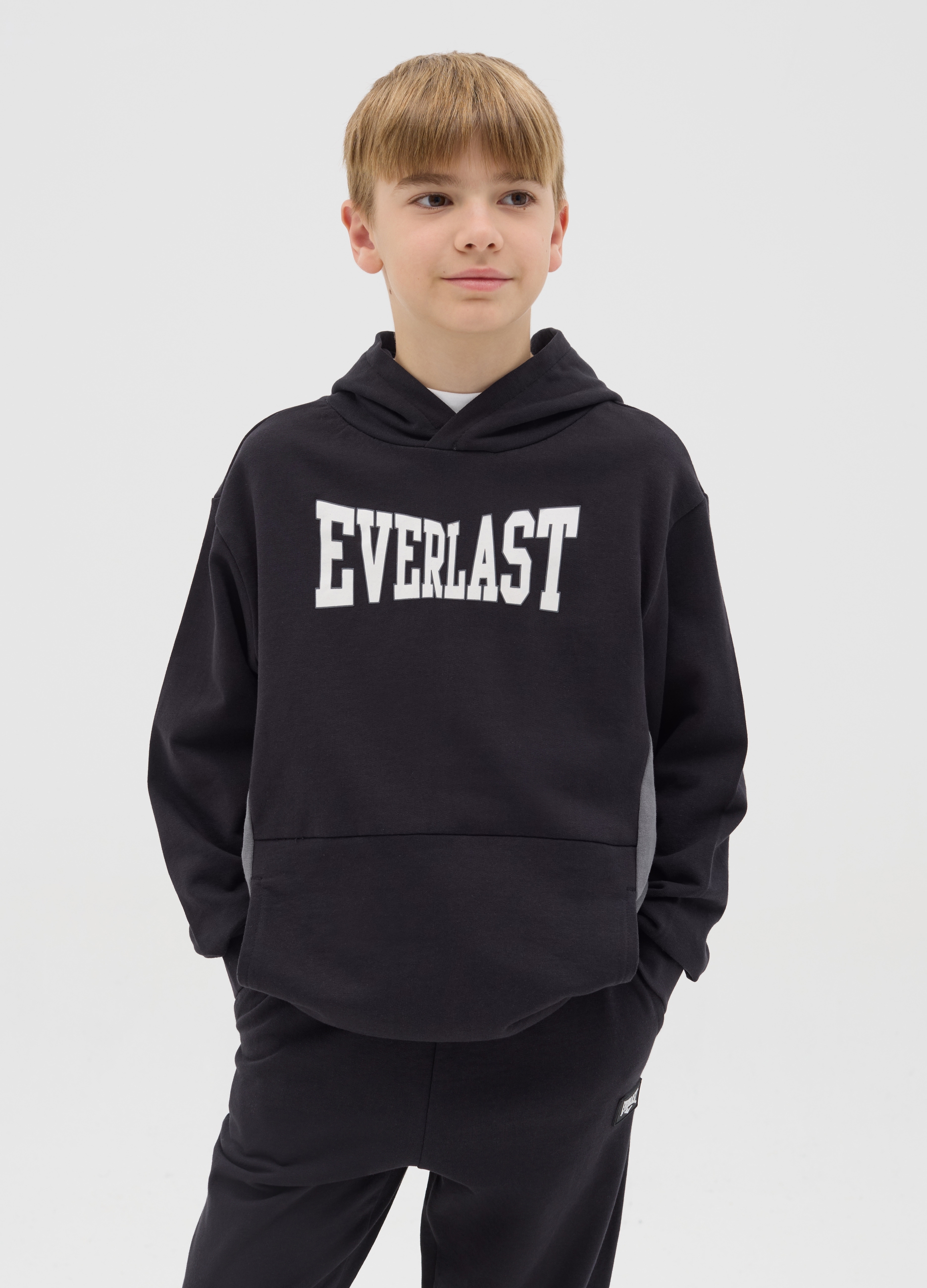 EVERLAST, Sudadera De Puro Algodón Multicolor Regular Fit Con Capucha Para Niño, Niño, Negro/Gris, Talla: 10-11