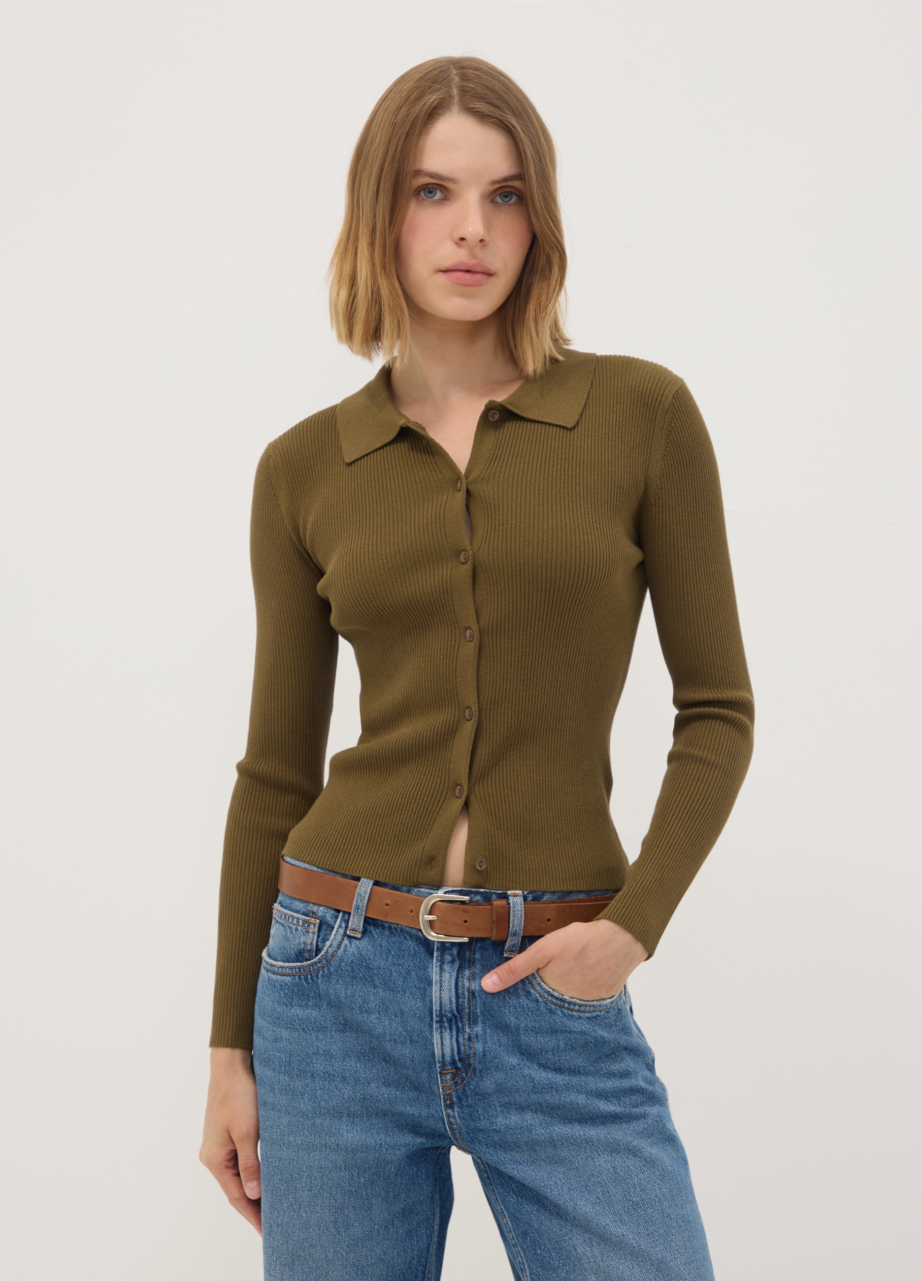 OVS, Cardigan Fitted Verde A Coste In Misto Viscosa Con Colletto Polo, Donna, Verde, Taglia: M