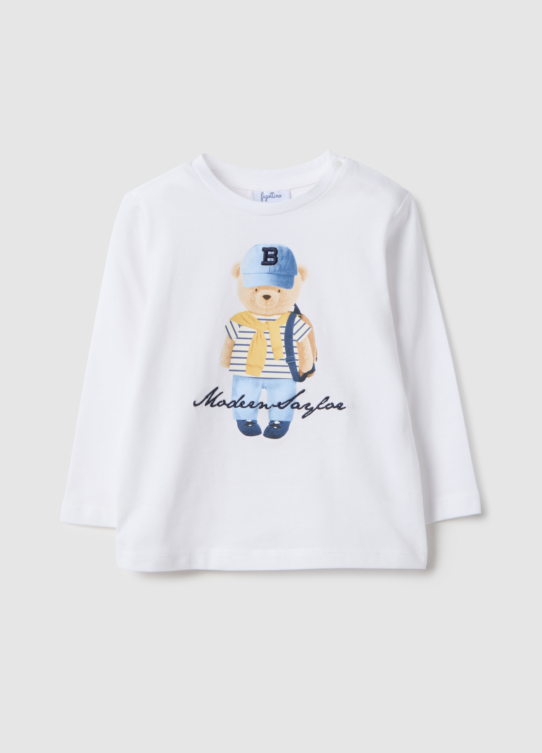FAGOTTINO, T-shirt In Puro Cotone Bianco Regular Fit Con Orsetto Per Bimbo, Bambino, Bianco, Taglia: 9-12