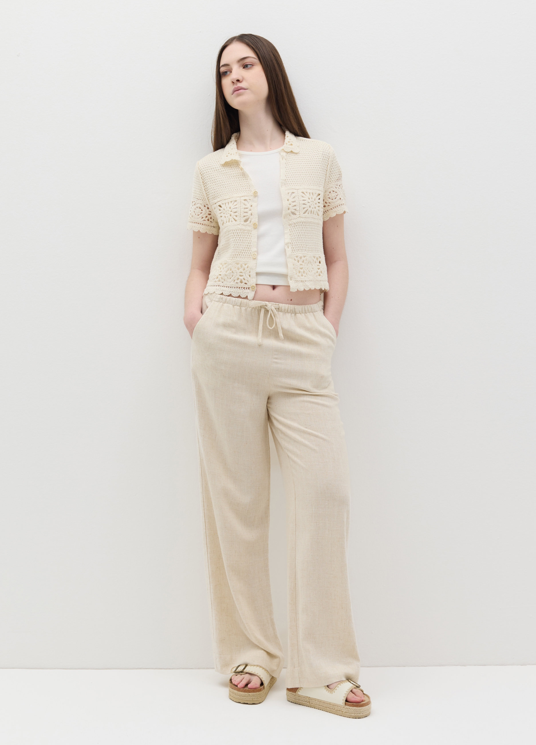 OVS, Pantalone Relaxed Fit In Viscosa E Lino, Donna, Beige, Taglia: L