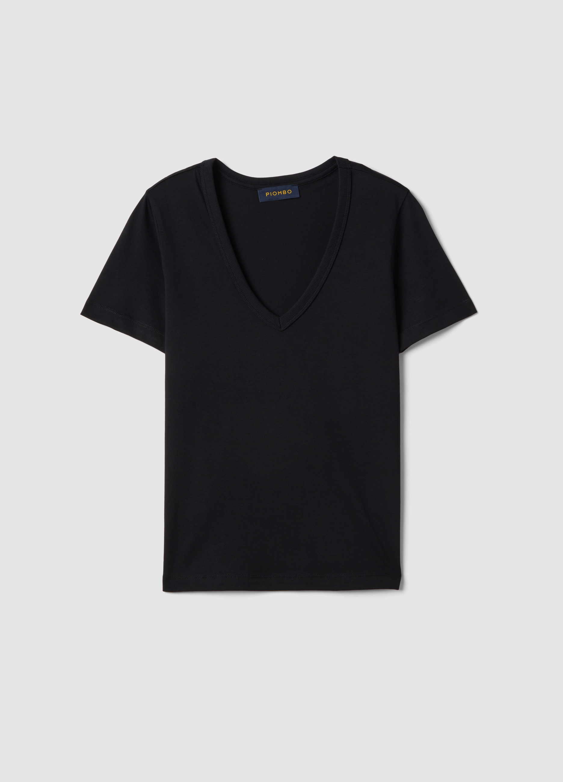 PIOMBO, Camiseta Negra De Puro Algodón Con Cuello En V Y Ajuste Regular, Mujer, Gunmetal, Talla: 38