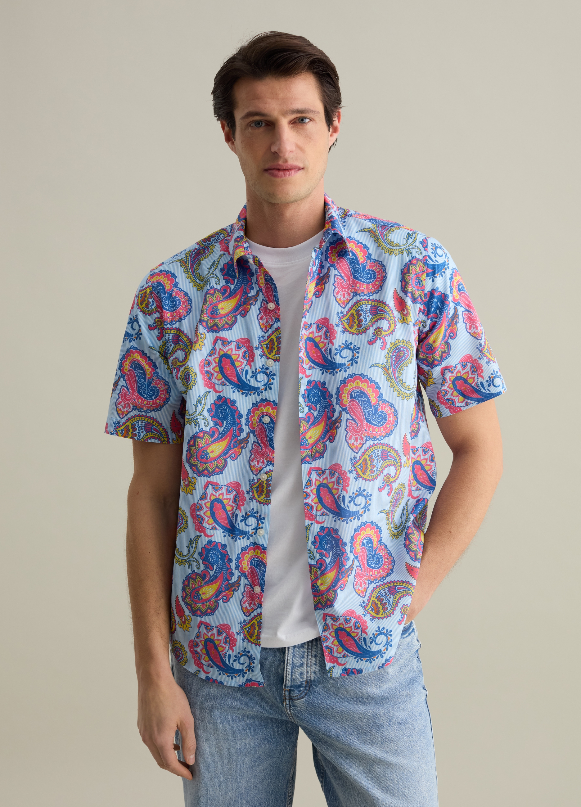 PIOMBO, Camicia Maniche Corte A Righe Con Stampa Paisley, Uomo, Azzurro, Taglia: S