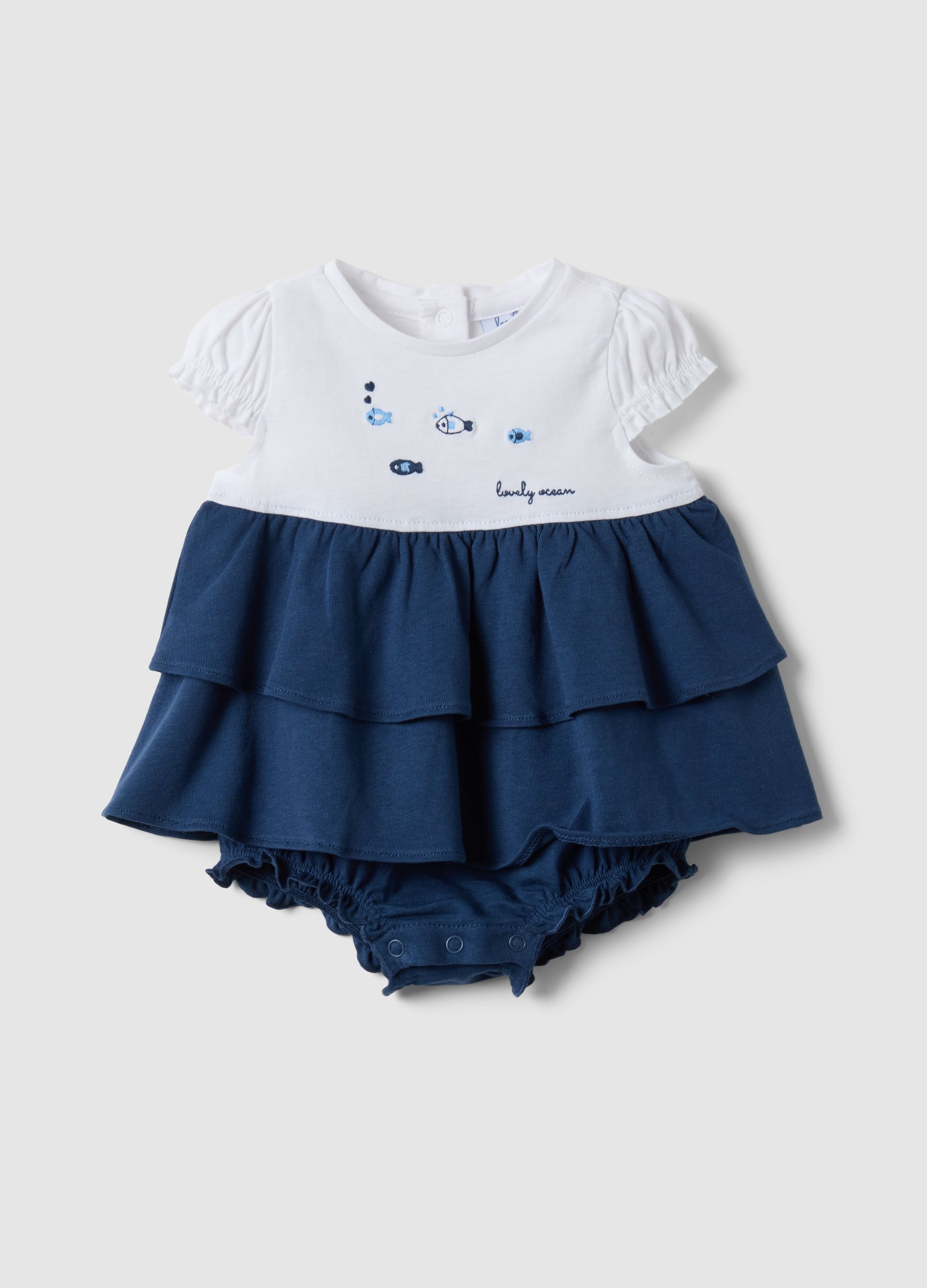 FAGOTTINO, Pelele Multicolor De Algodón Puro Para Recién Nacida Con Volantes Y Peces, Bebé Niña, Blanco/azul, Talla: 3-6