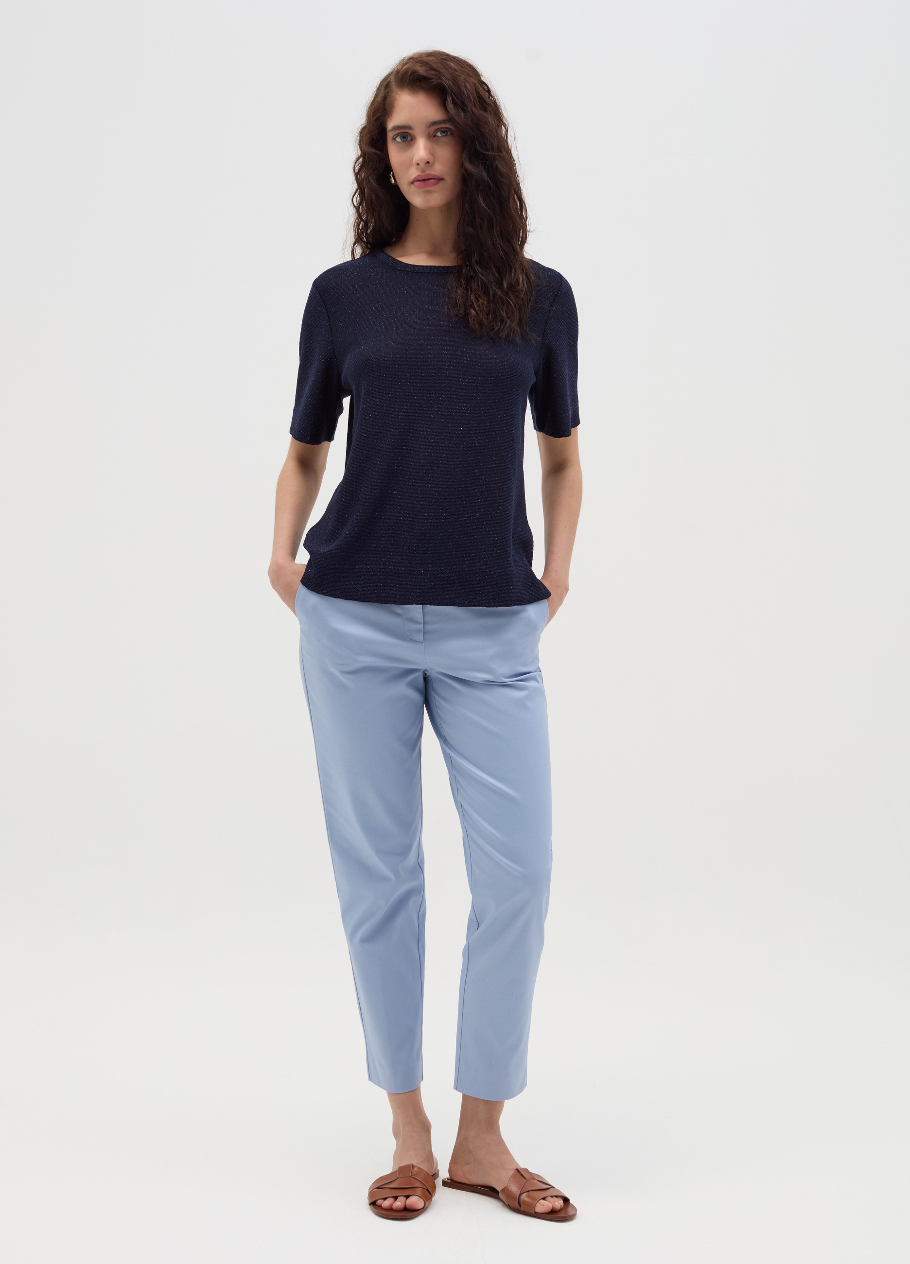 OVS , T-shirt In Lurex Con Spacchetti, Donna, Blu, Taglia: S