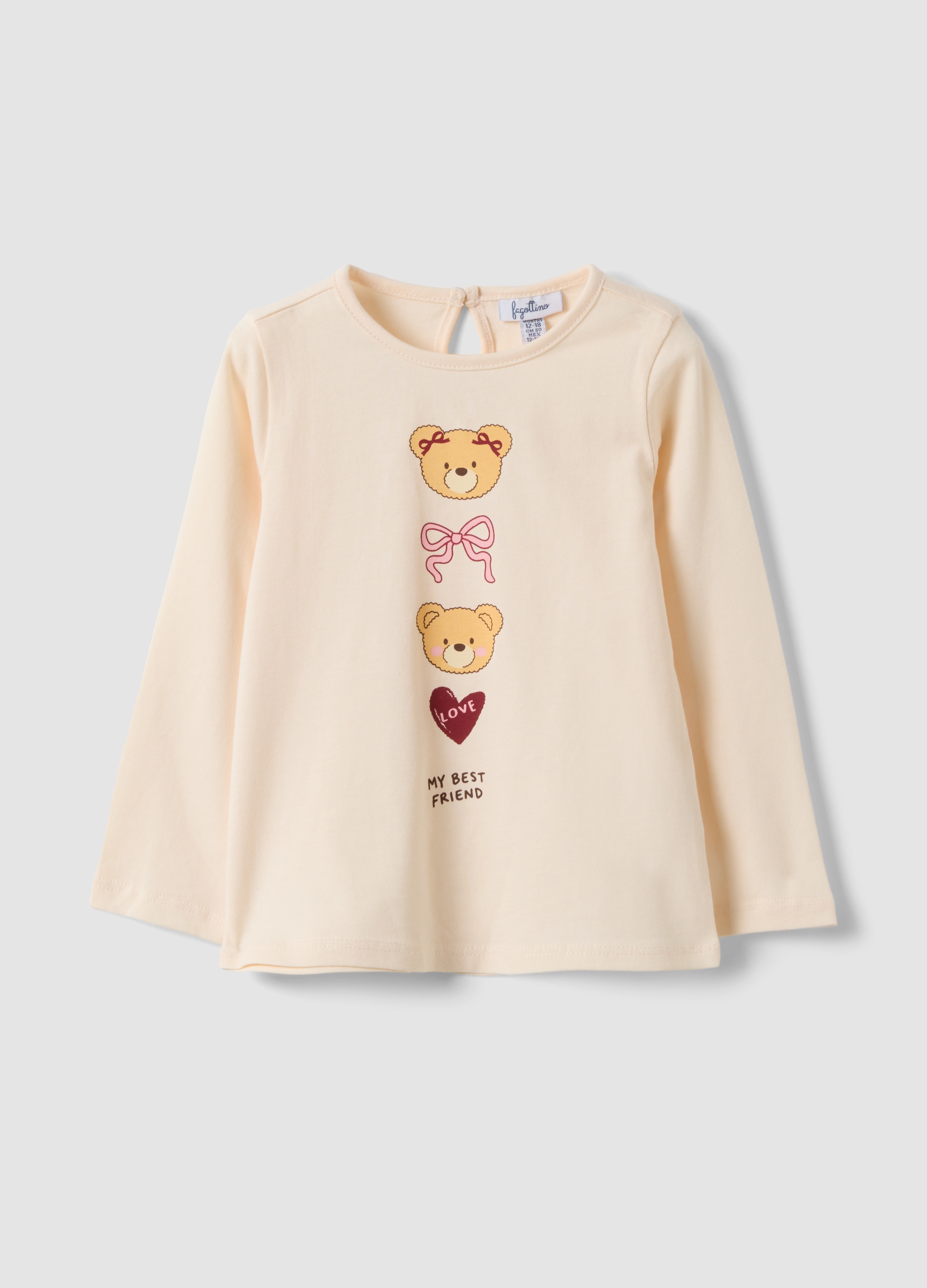 FAGOTTINO, Maglietta Beige In Puro Cotone Organico Con Stampa Orsetti Per Bimba, Bambina, Beige, Taglia: 9-12
