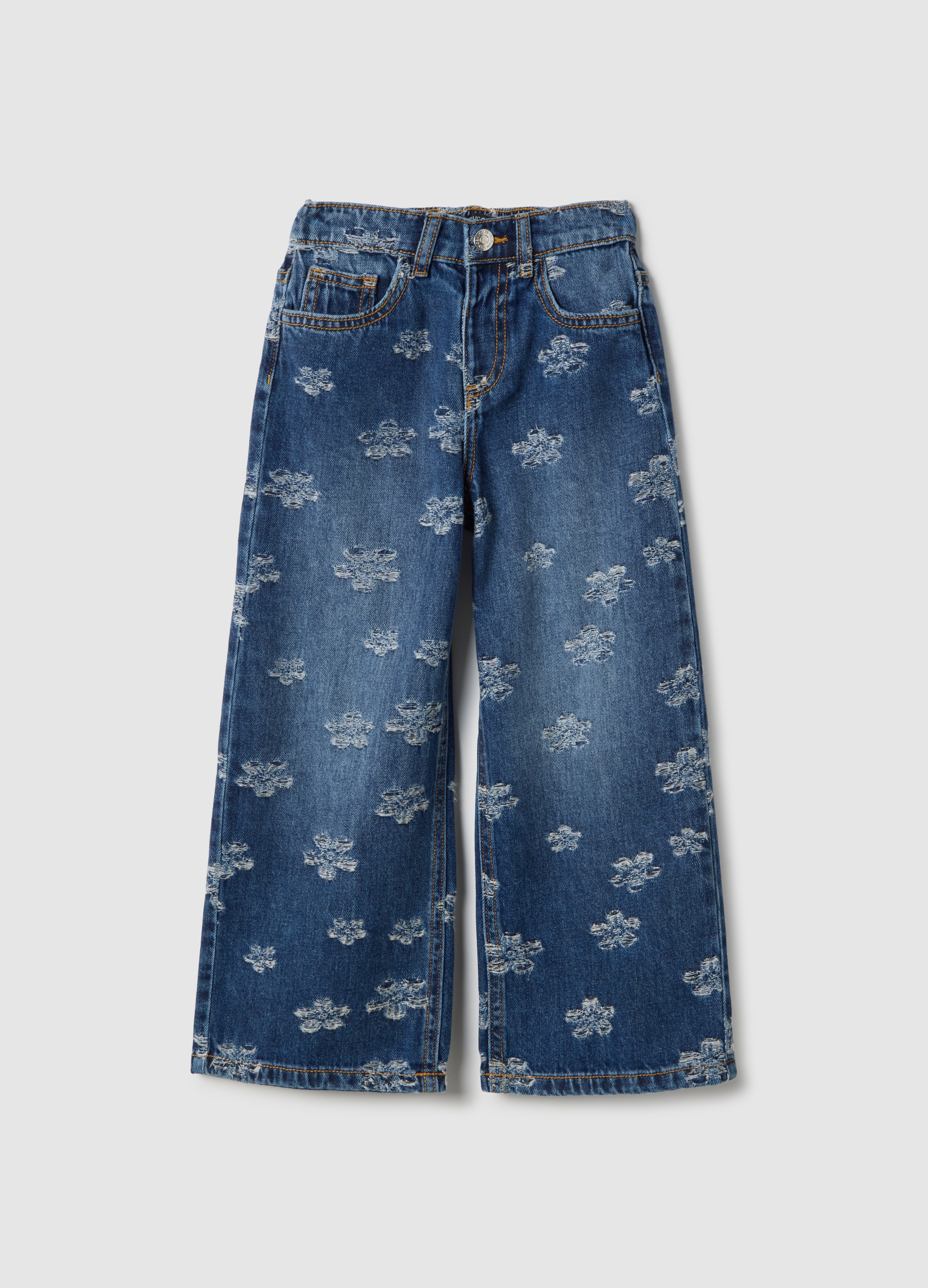 OVS KIDS, Jeans In Puro Cotone Blu Da Bambina Regular Fit Con Fiori, Blu, Taglia: 4-5