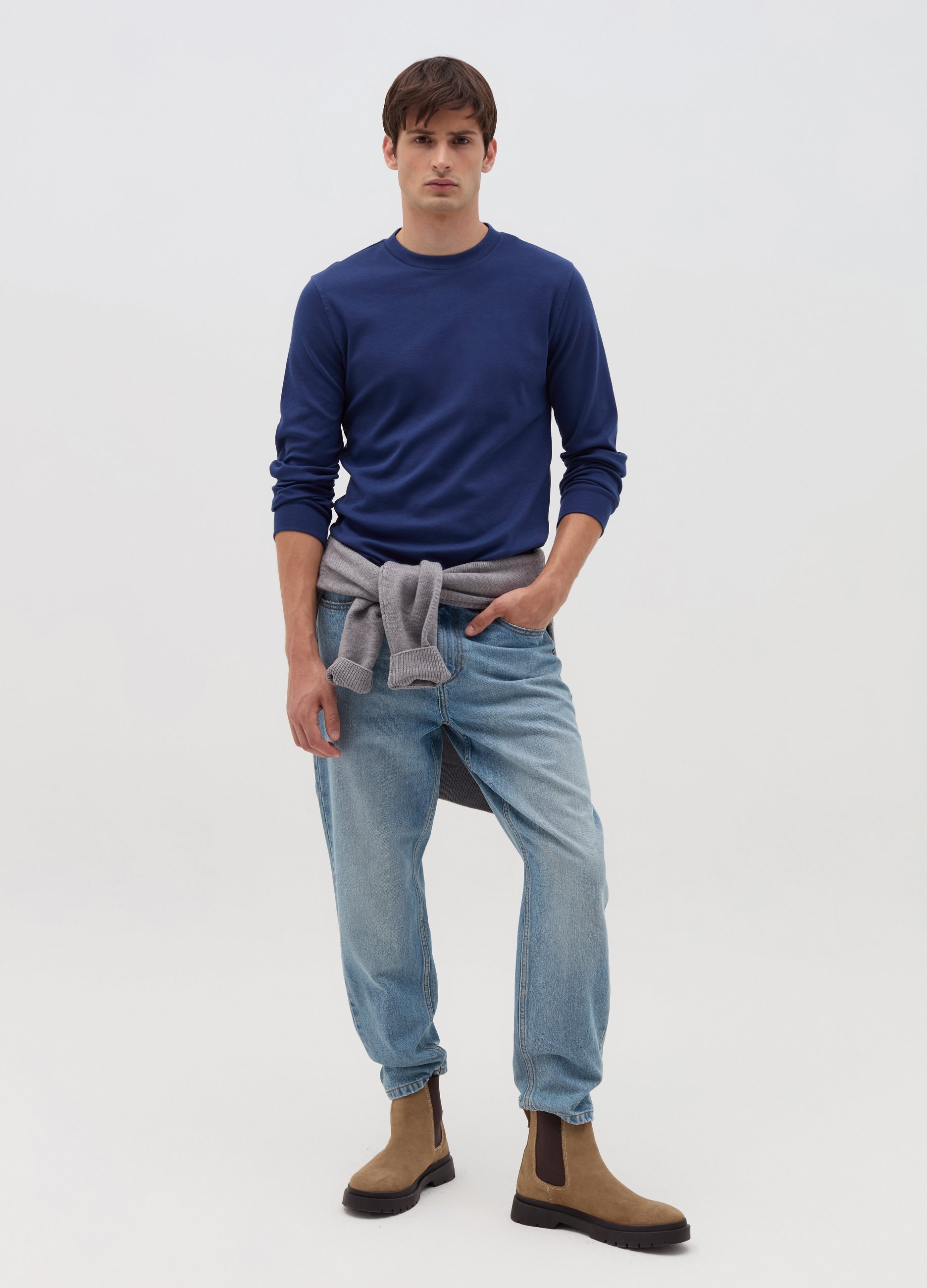 Camiseta De Manga Larga De Algodón Entretejido, Hombre, Azul océano, Talla: XXL