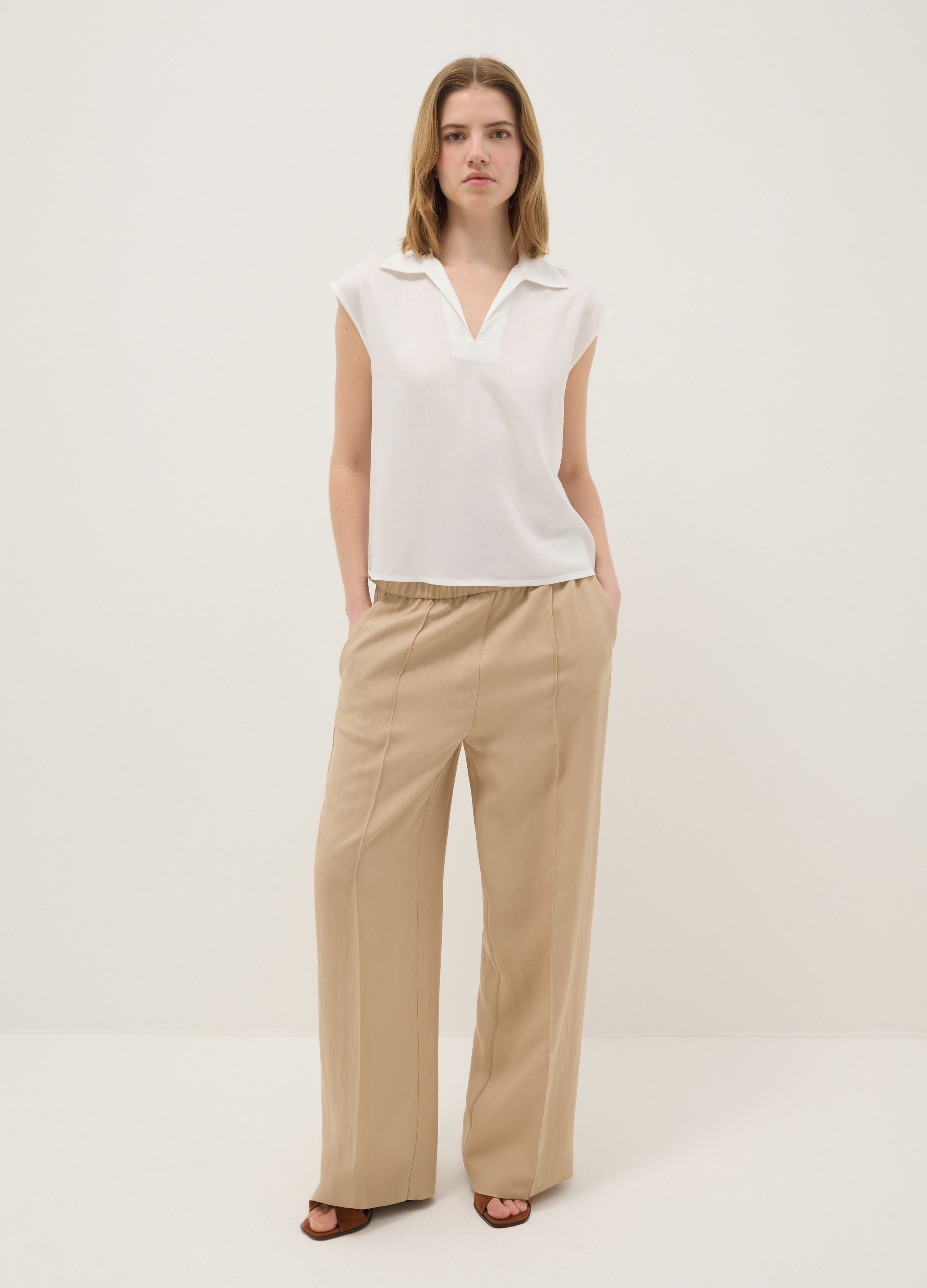 Pantalones Jogger Beige De Pierna Ancha En Mezcla De Lyocell Y Viscosa, Mujer, Beige Claro, Talla: 36