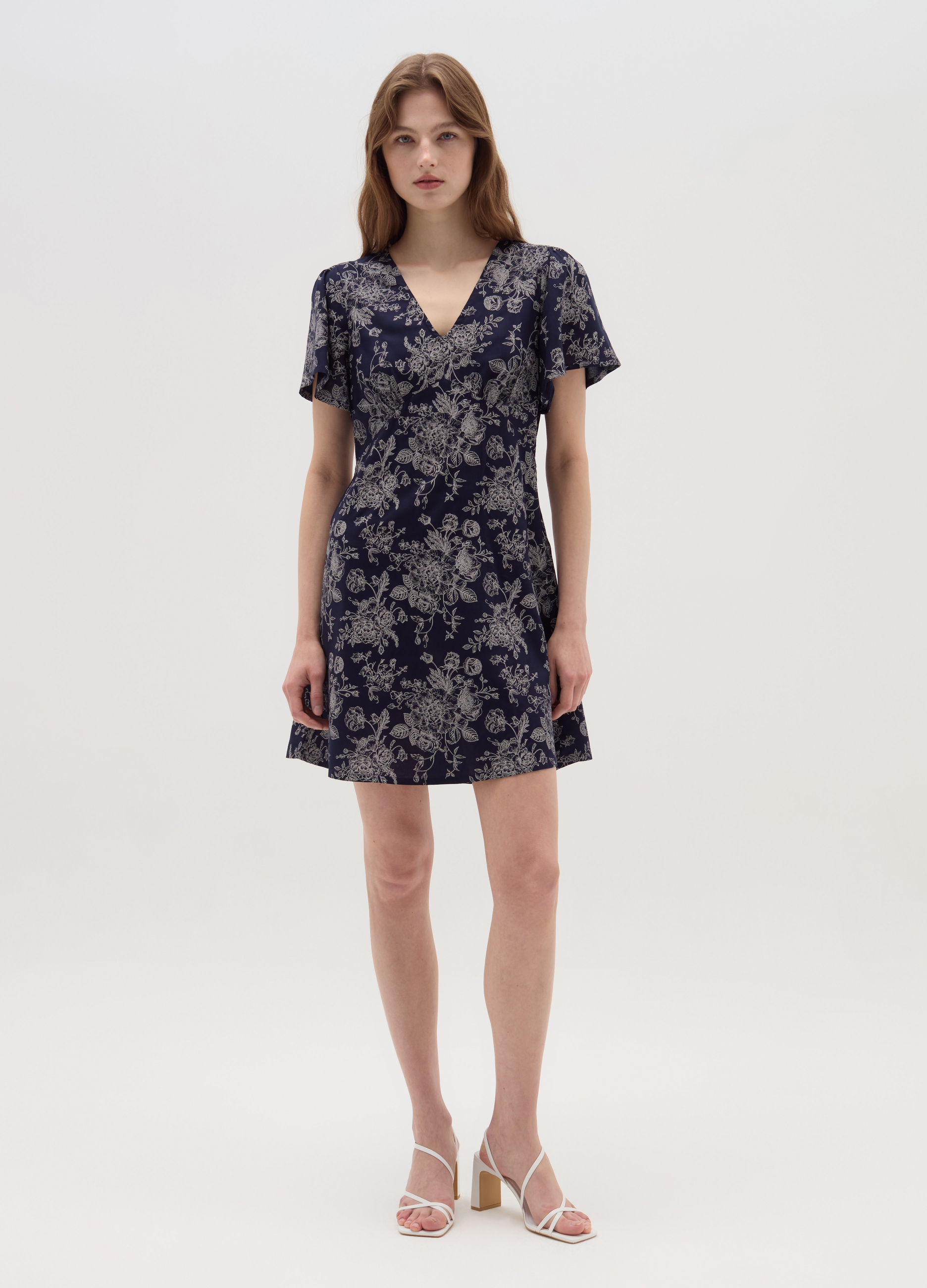 Vestido Corto Con Escote De Pico, Mujer, Azul/Blanco, Talla: 44