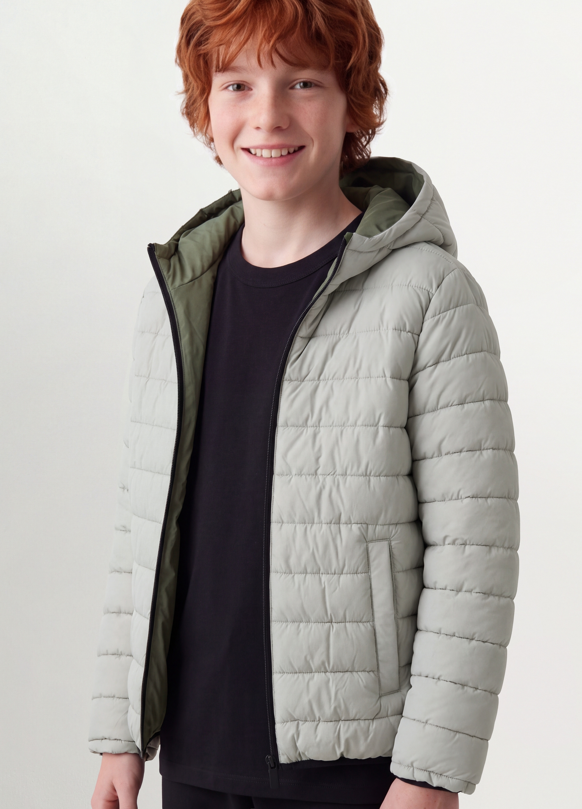 OVS KIDS, Giubbotto Ultralight Reversibile Grigio E Verde Imbottito Con Cappuccio, Bambino, Multicolor, Taglia: 13-14