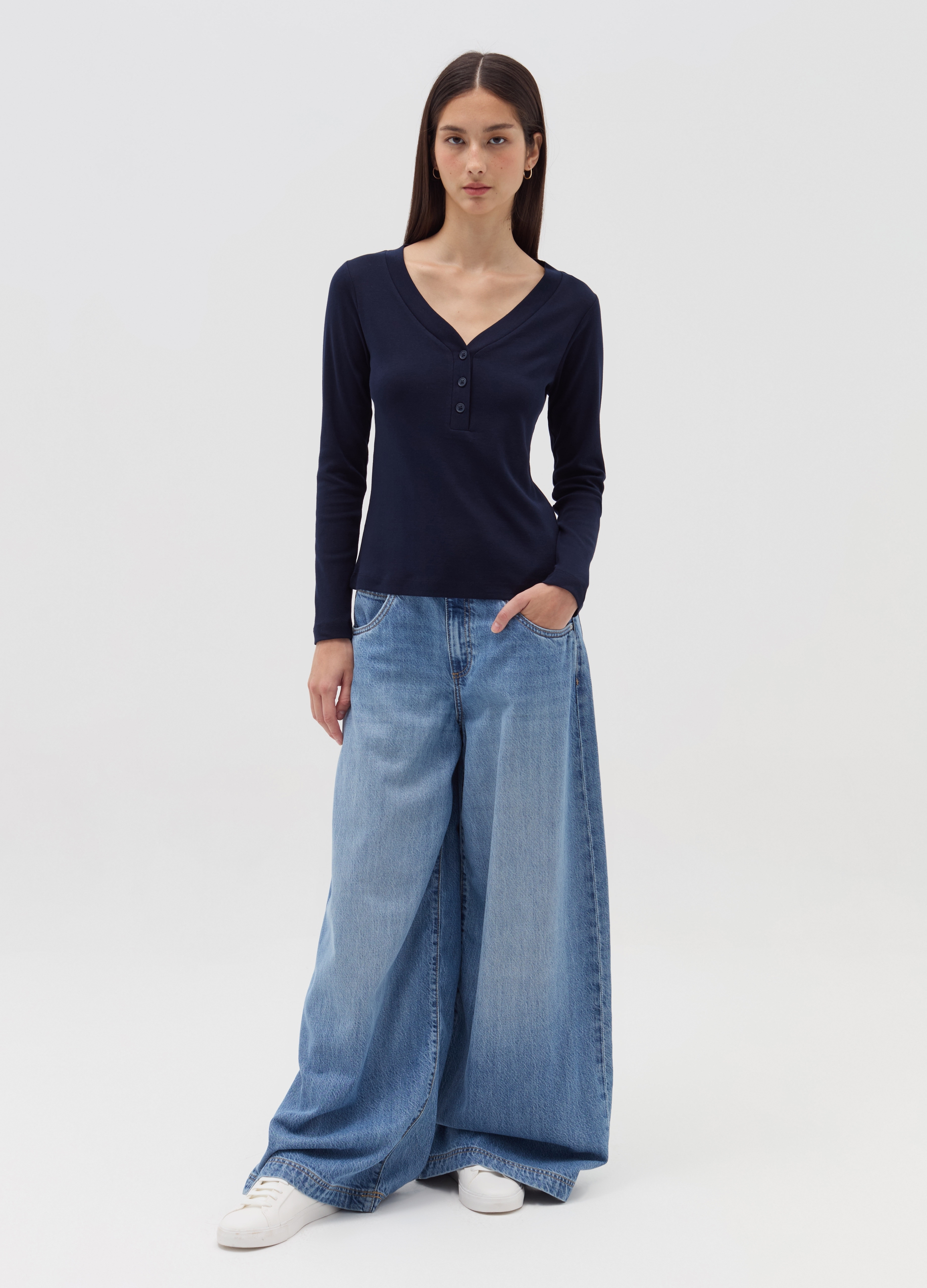 Camiseta Manga Larga Cuello Panadero, Mujer, Azul Noche, Talla: 42