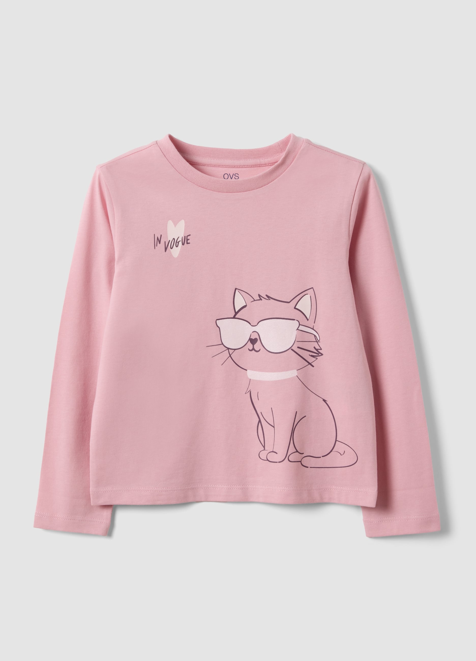 OVS KIDS, T-shirt Rosa In Puro Cotone Organico Con Stampa Gattina Per Bambina, Rosa, Taglia: 3-4