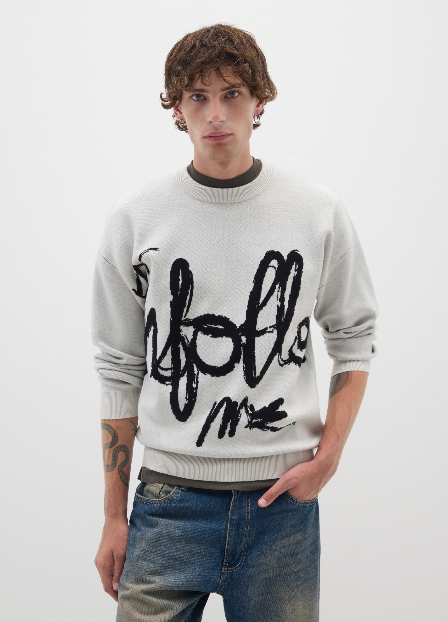 Jersey Gris De Corte Regular Con Letras, Hombre, Blanco óptico, Talla: L