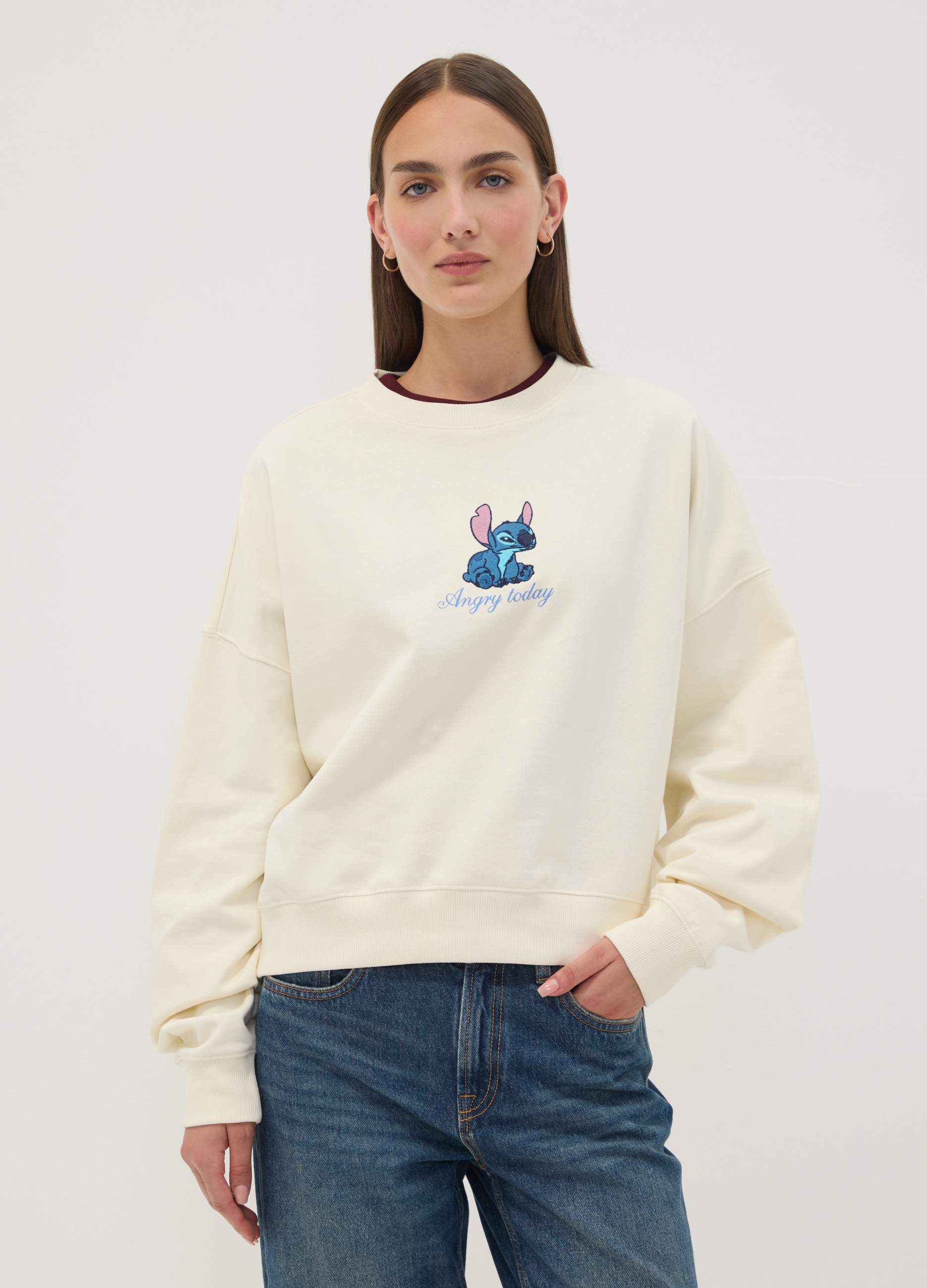 DISNEY, Felpa Beige In Puro Cotone Con Stampa Stitch, Unisex, Beige, Taglia: M