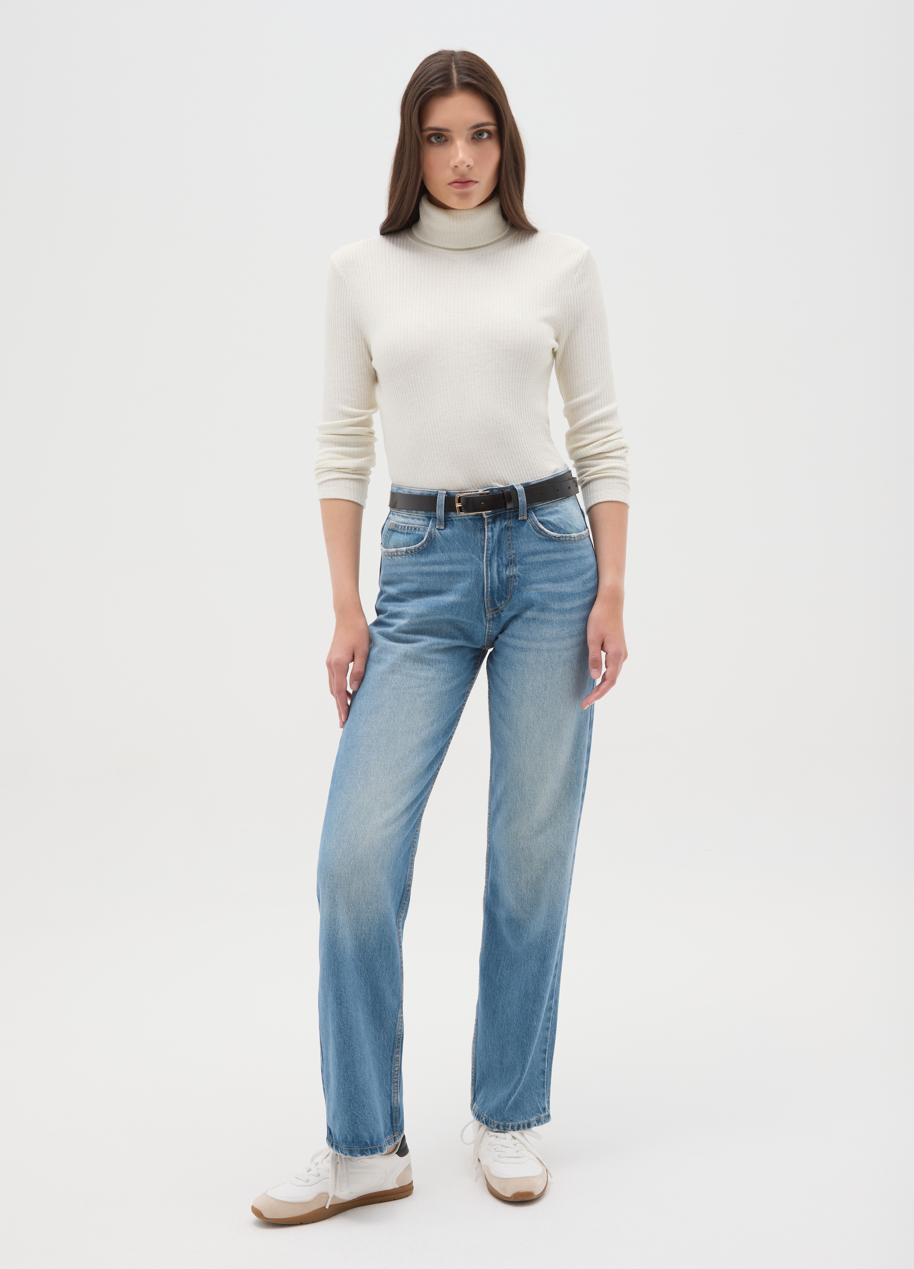 OVS, Maglia Girocollo Con Maniche Lunghe A Righe Bianca Regular Fit, Donna, Bianco, Taglia: S