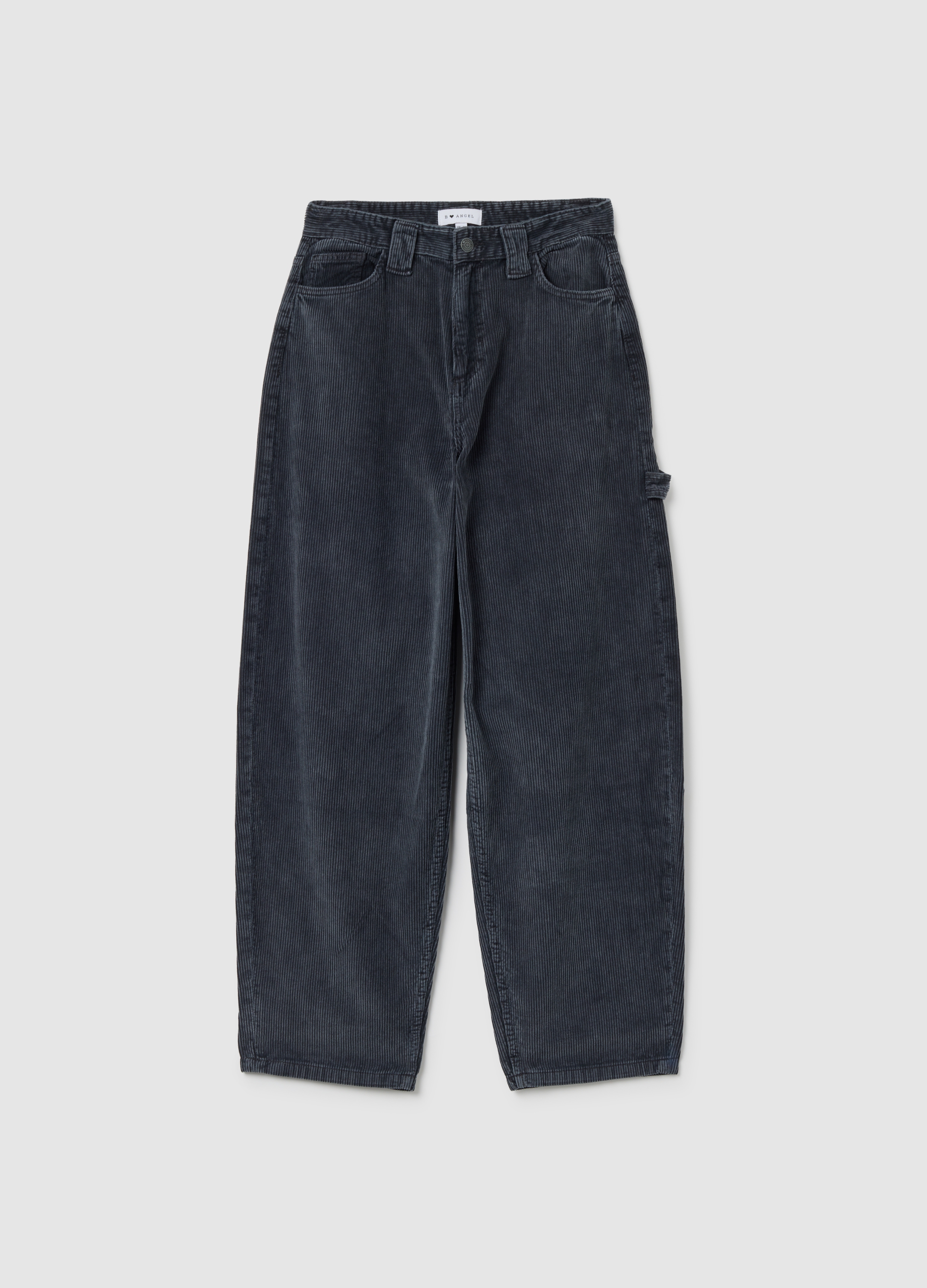 B.ANGEL, Pantalones Negros Anchos De Ajuste Holgado En Puro Algodón De Canalé, Mujer, Gunmetal, Talla: 40