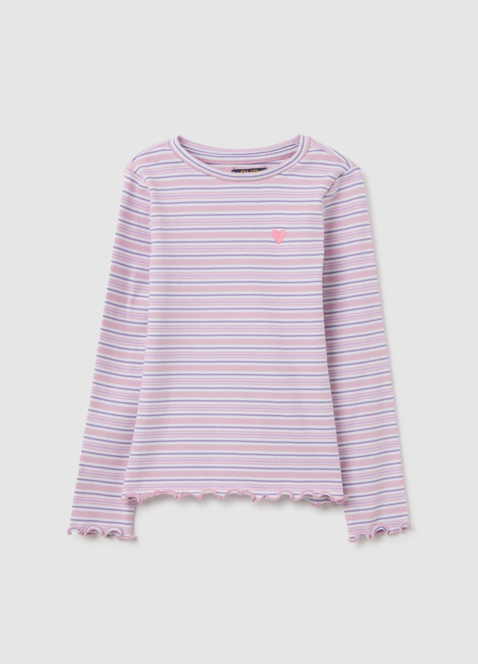 Camiseta Multicolor Regular Fit Para Niña En Algodón Elástico Con Corazón Bordado, Niña, Pink/White, Talla: 4-5